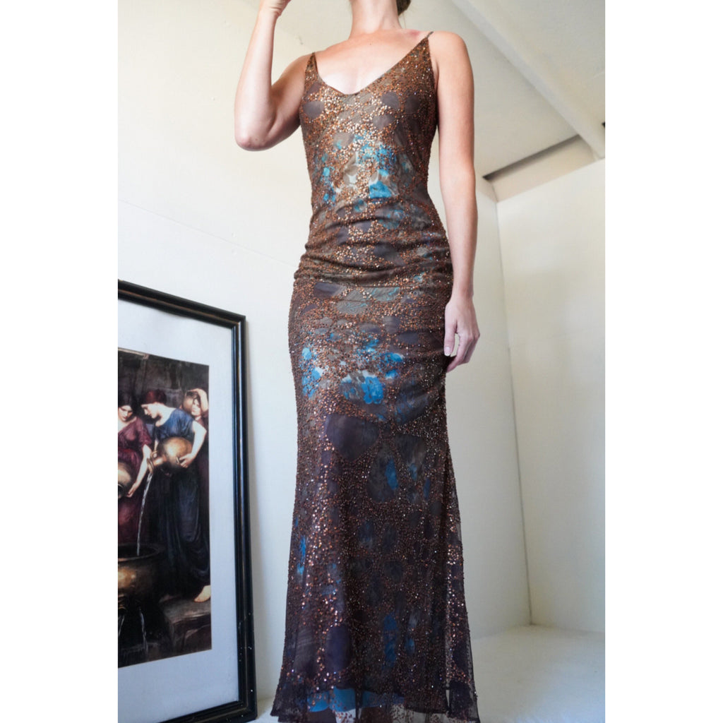 Rare Fully Beaded Lace Brown and Teal Layered Gown