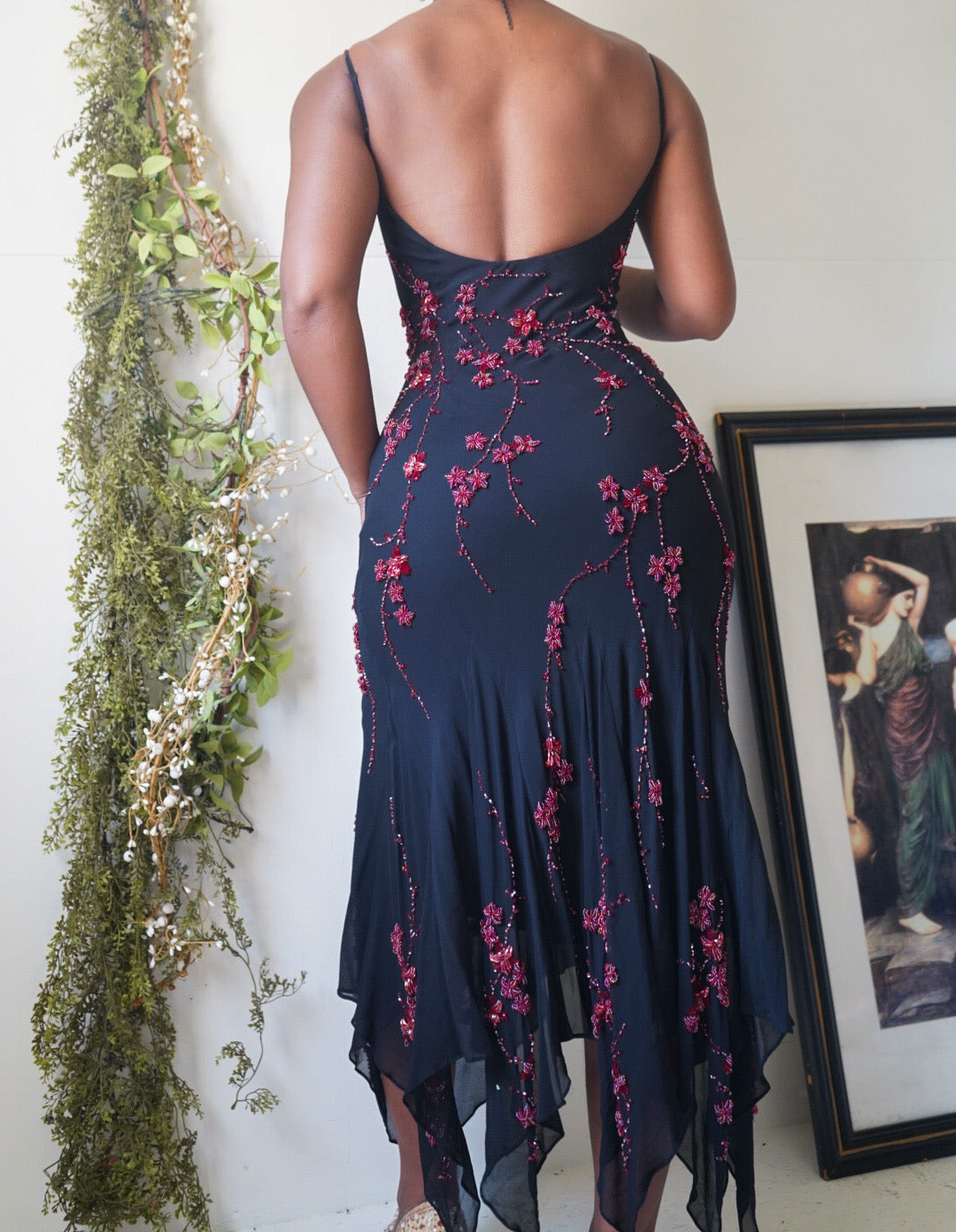 Y2K Black and Red Beaded Silk Fairy Midi Dress