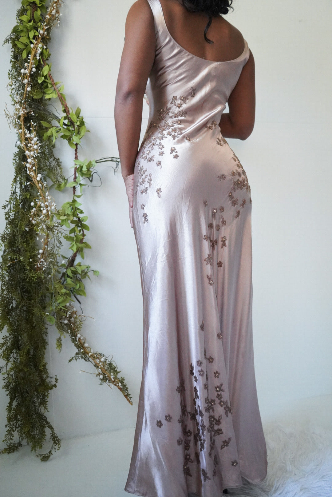 Iridescent Champagne Beaded Satin Gown