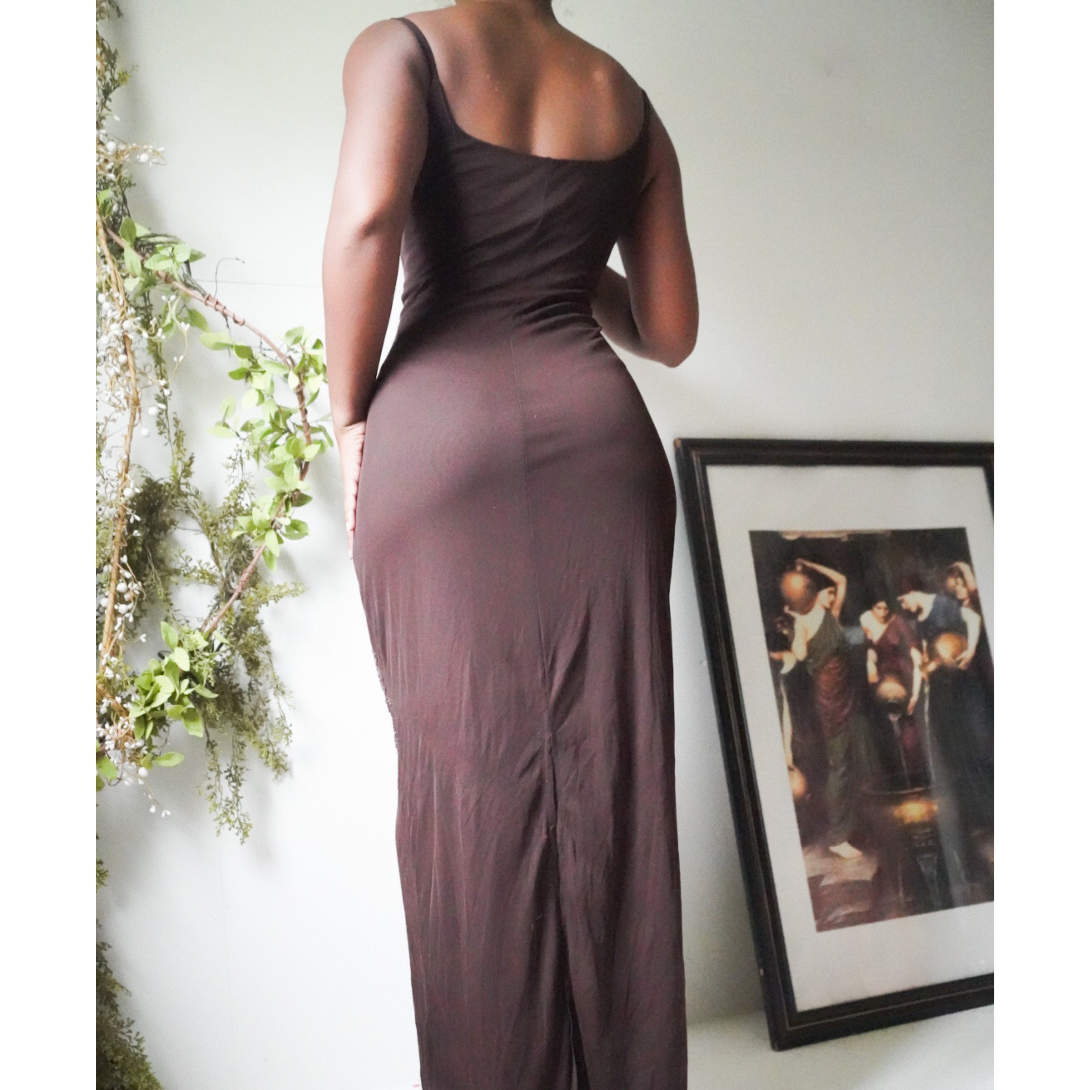 Brown Mesh Beaded Maxi Dress