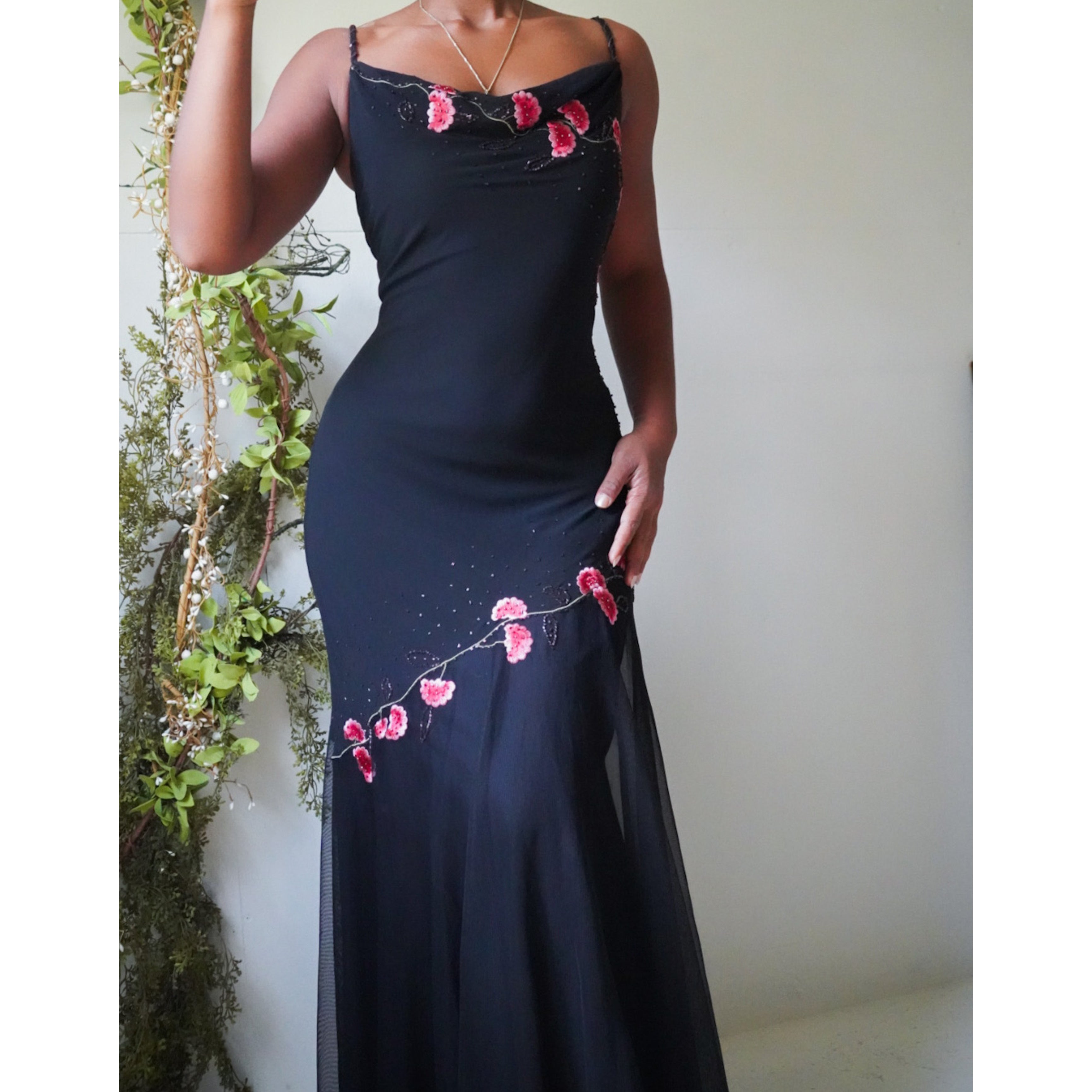 Embroidered Floral Detail Tulle Hem Gown