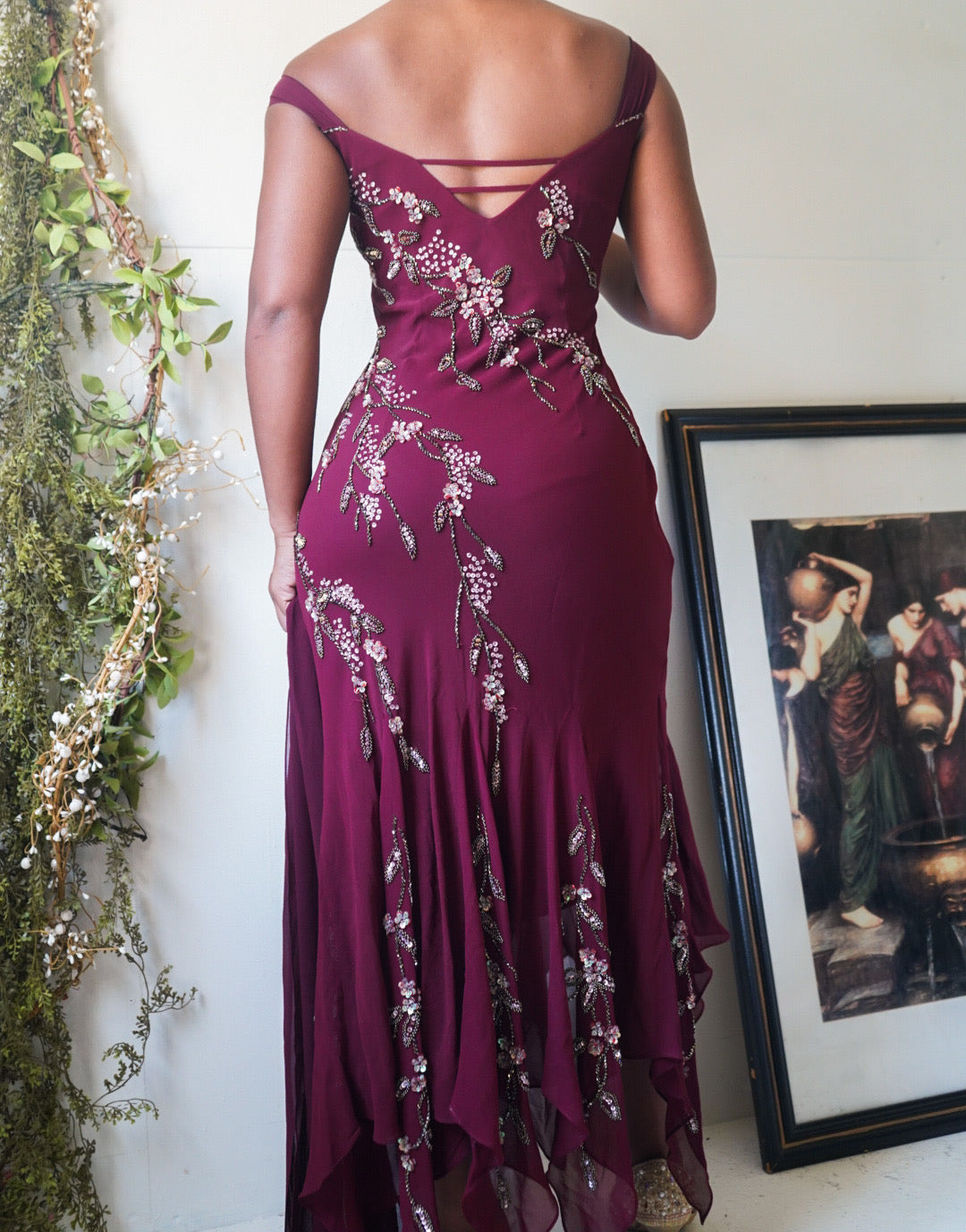 Y2K Beaded Wine Silk Dress