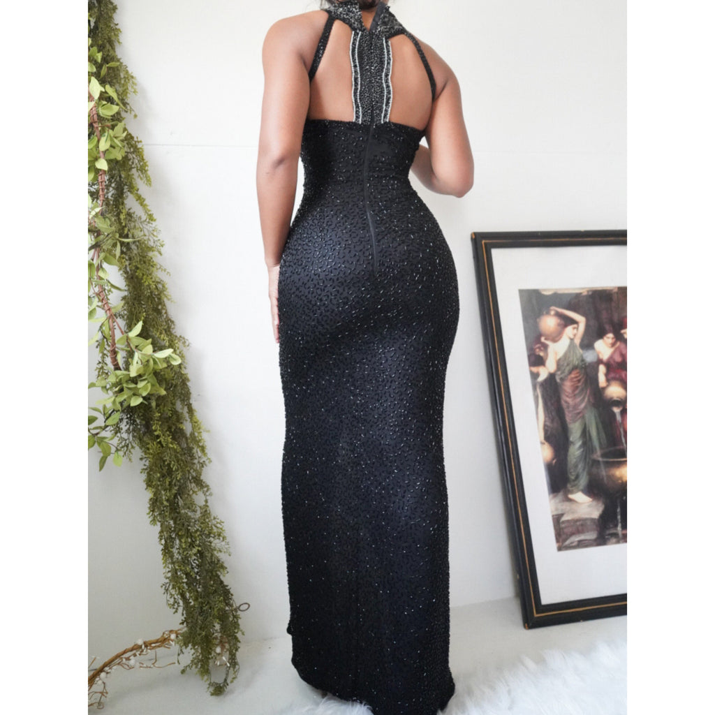 90’s Fully Beaded Black Silk Gown