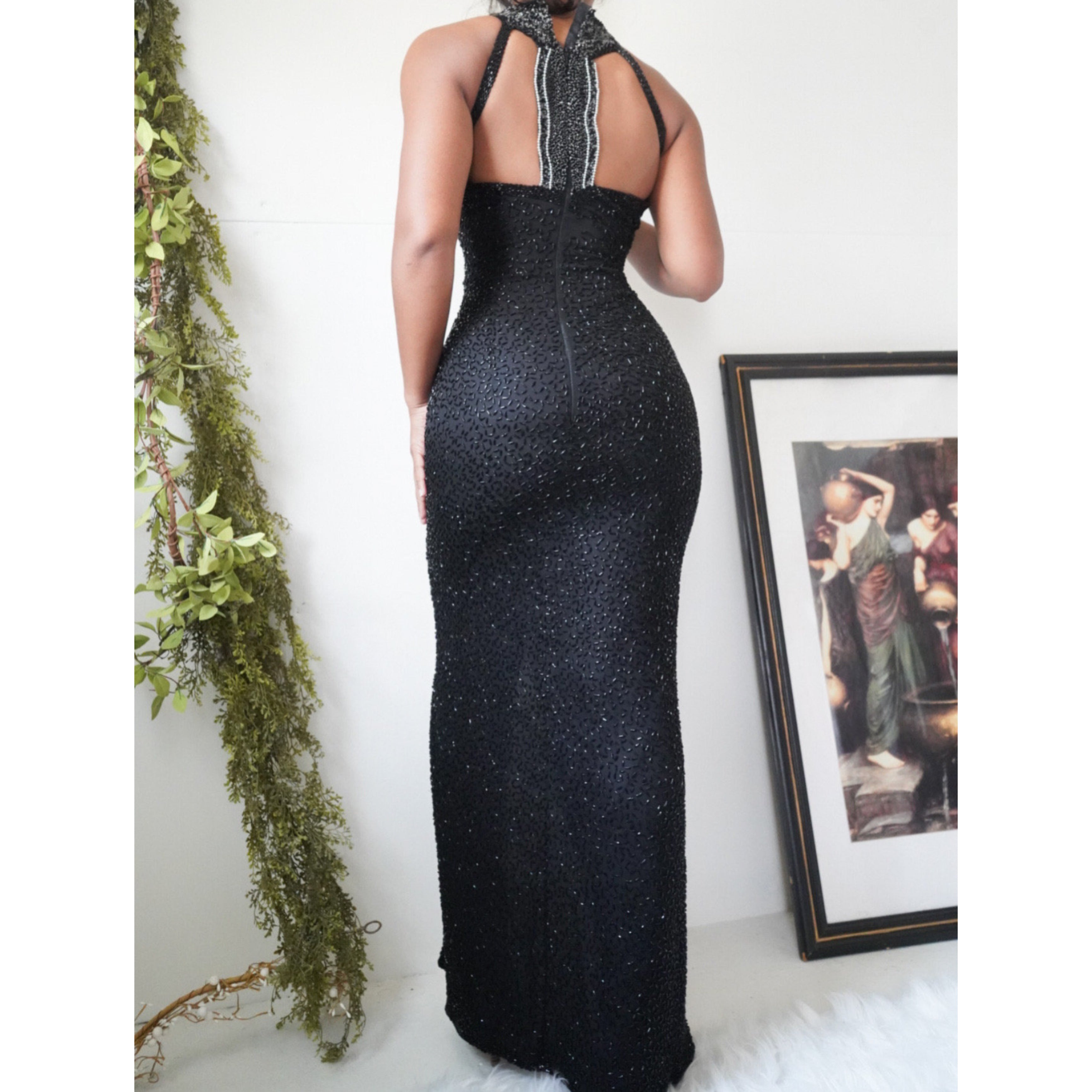 90’s Fully Beaded Black Silk Gown