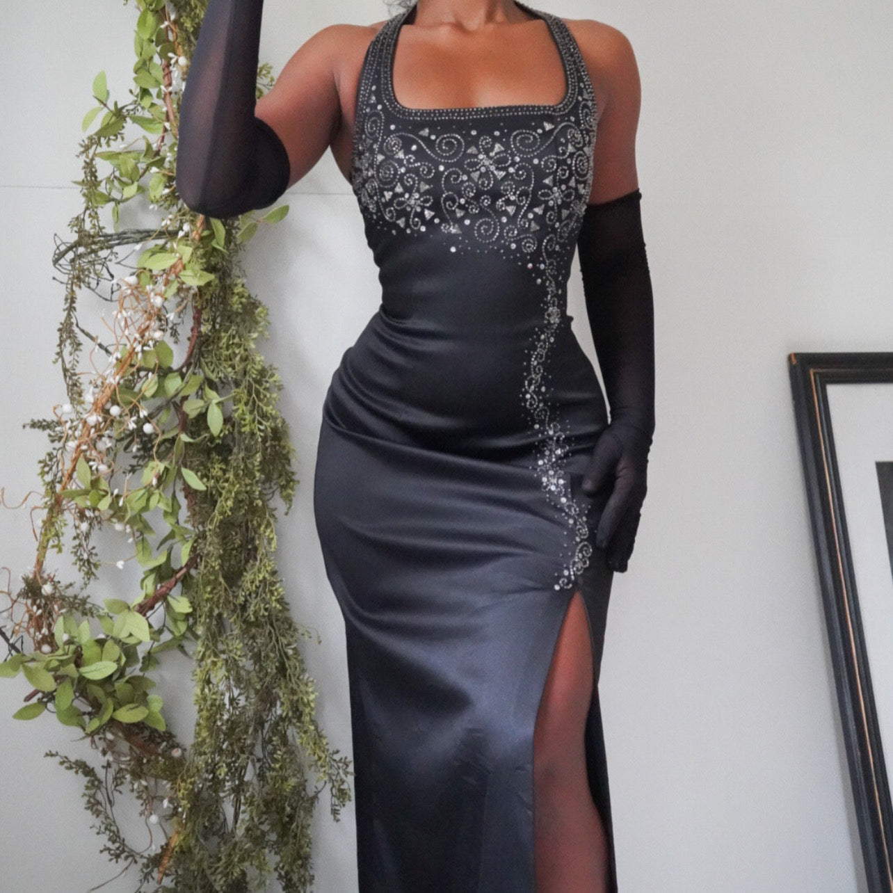 Black Beaded Halter Low Back Gown