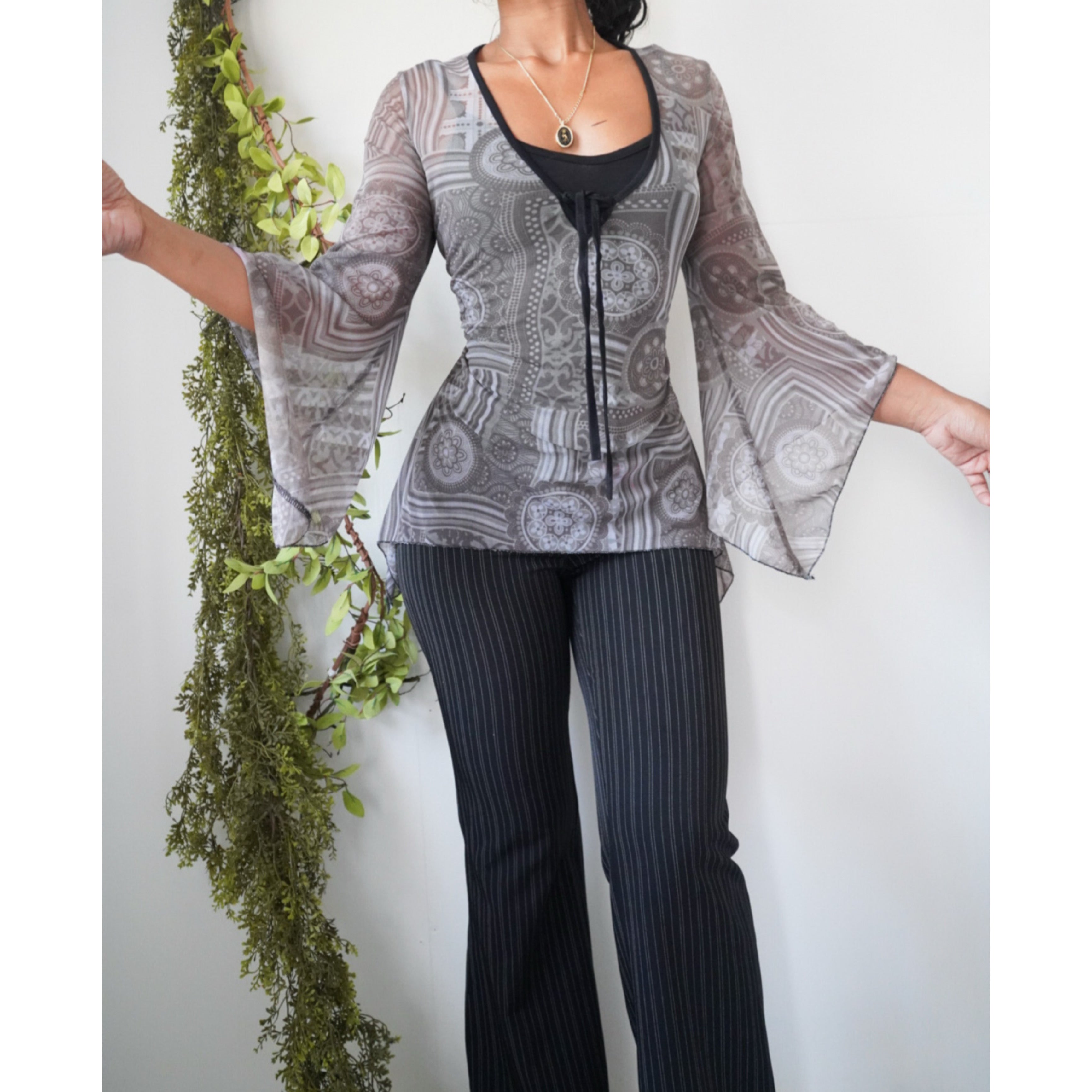 grey-abstract-print-mesh-boho-flare-sleeve-top-image