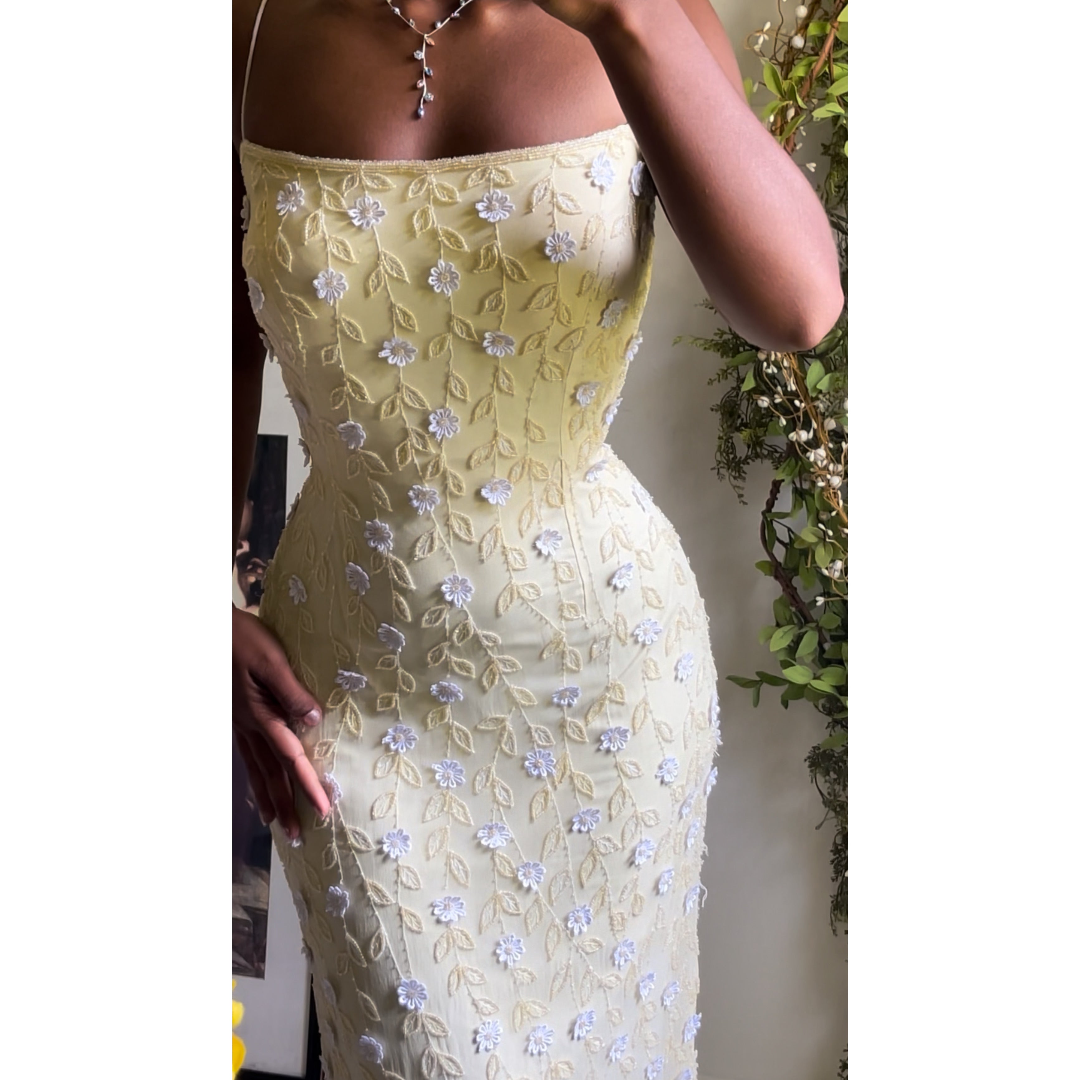 Pale Yellow Silk Beaded Daisy Gown