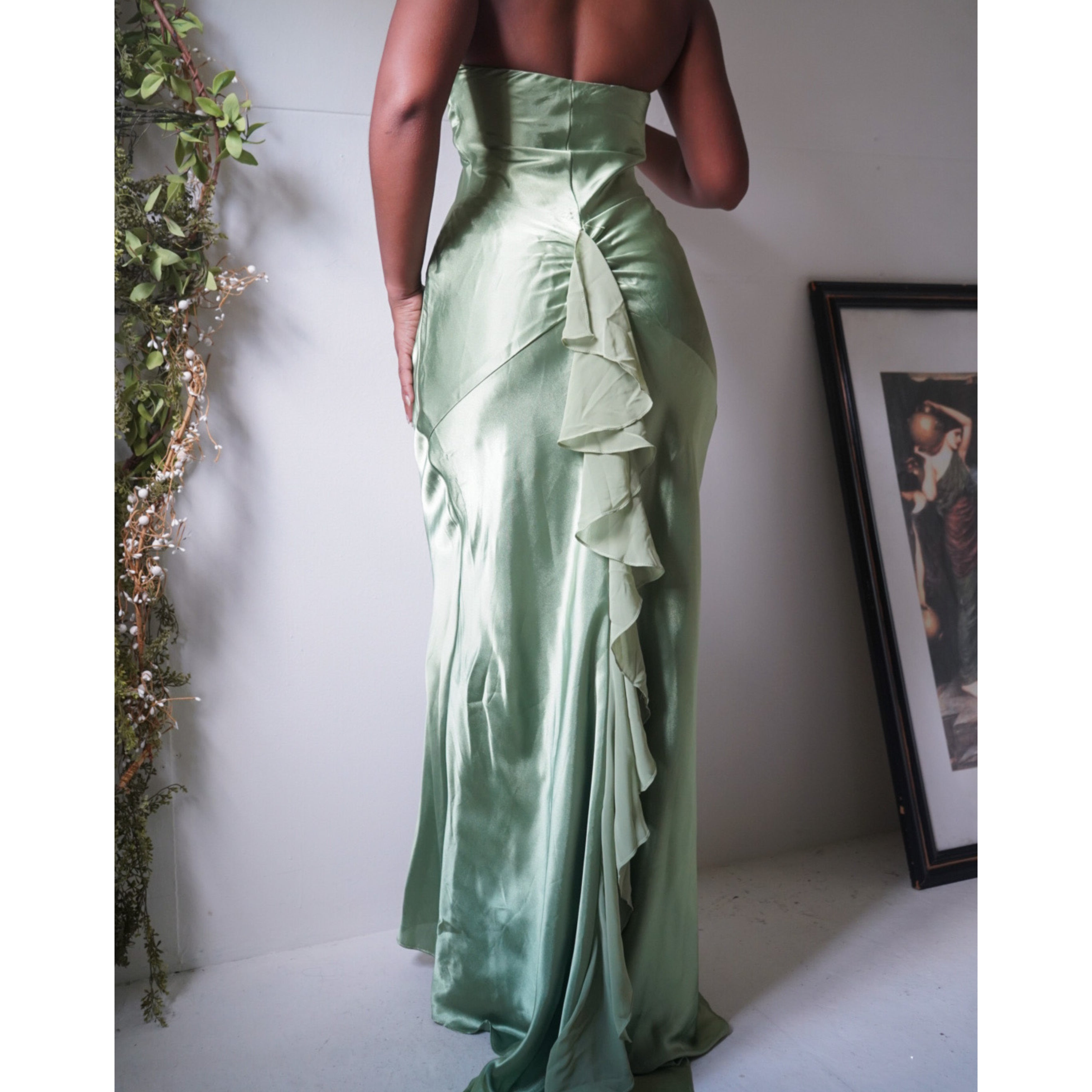 Sage Green Satin Halter Gown