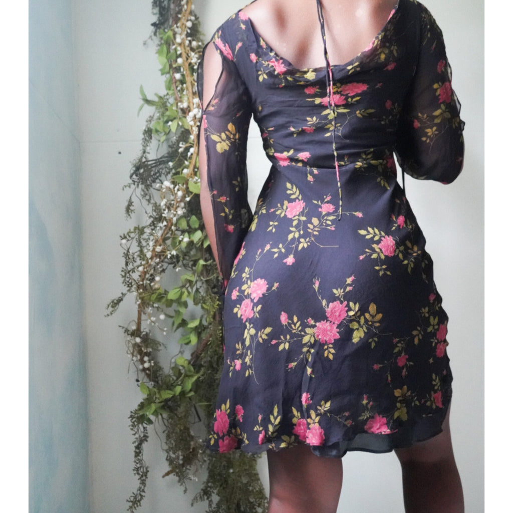 Romantic Floral Silk Split Sleeve Mini Dress