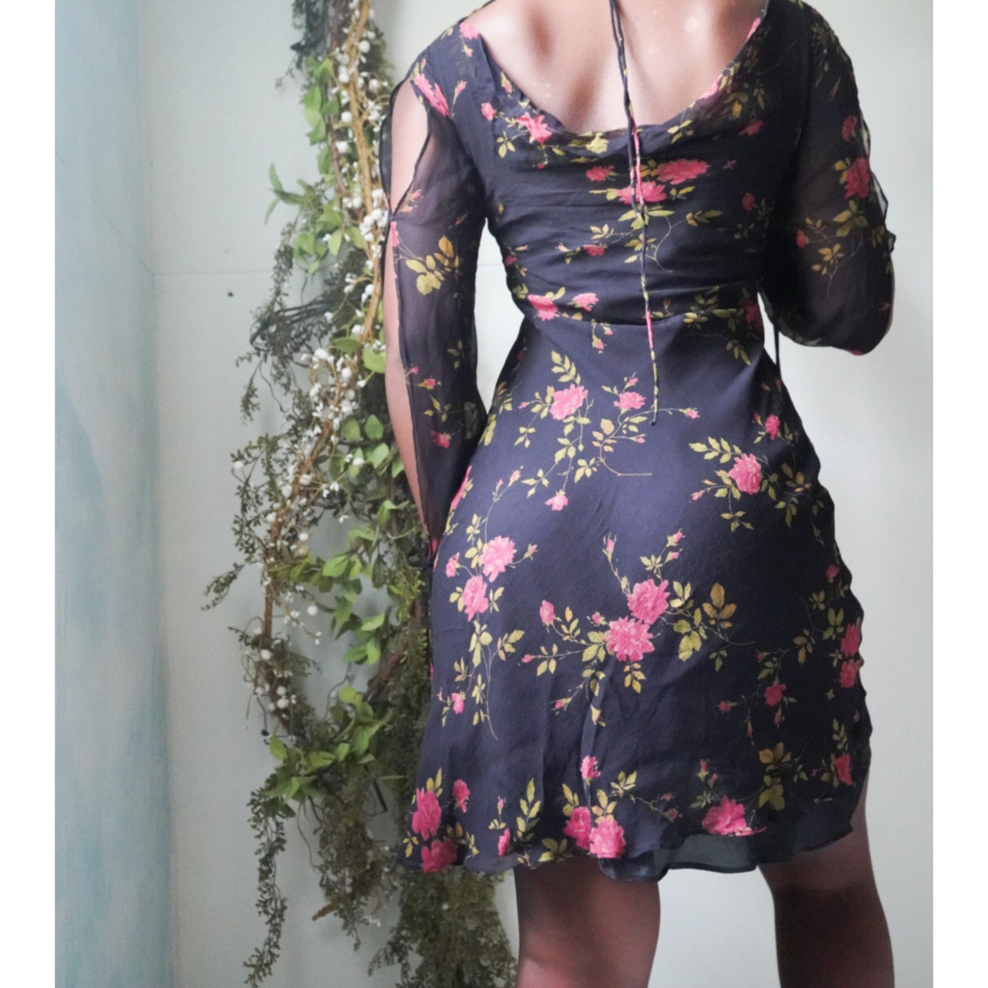 Romantic Floral Silk Split Sleeve Mini Dress
