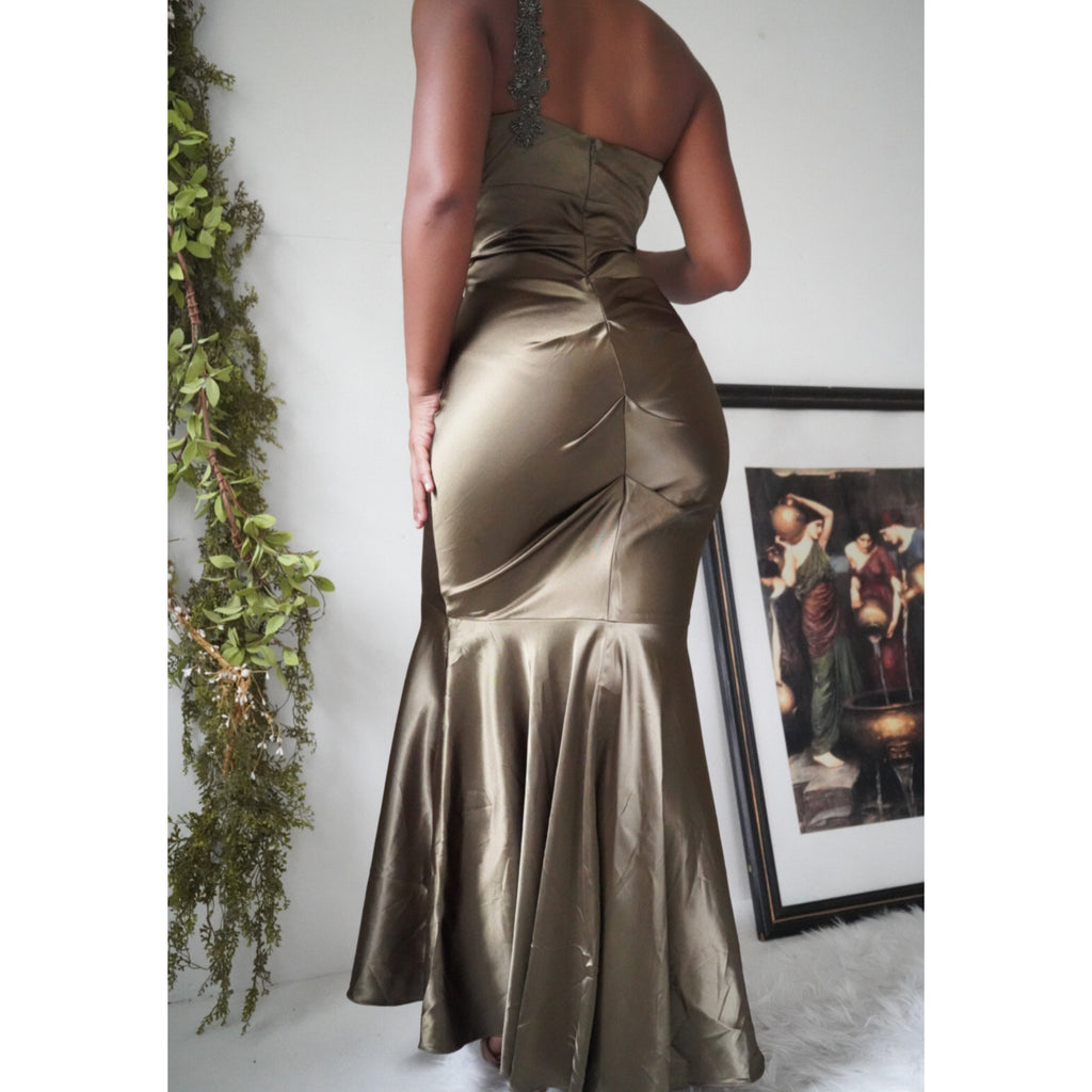Deep Olive Stretch Satin Fairy Gown