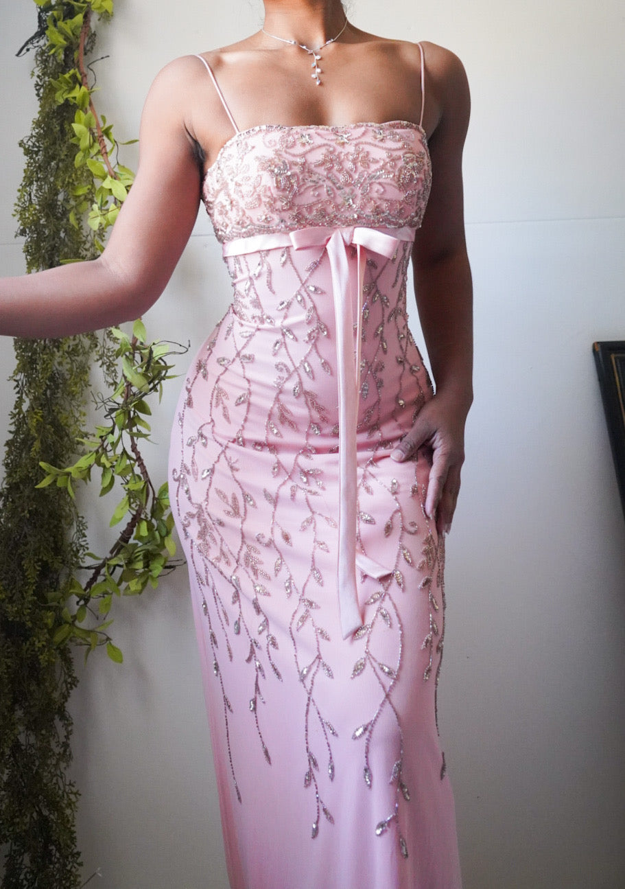 Peachy Pink Beaded Mesh Gown