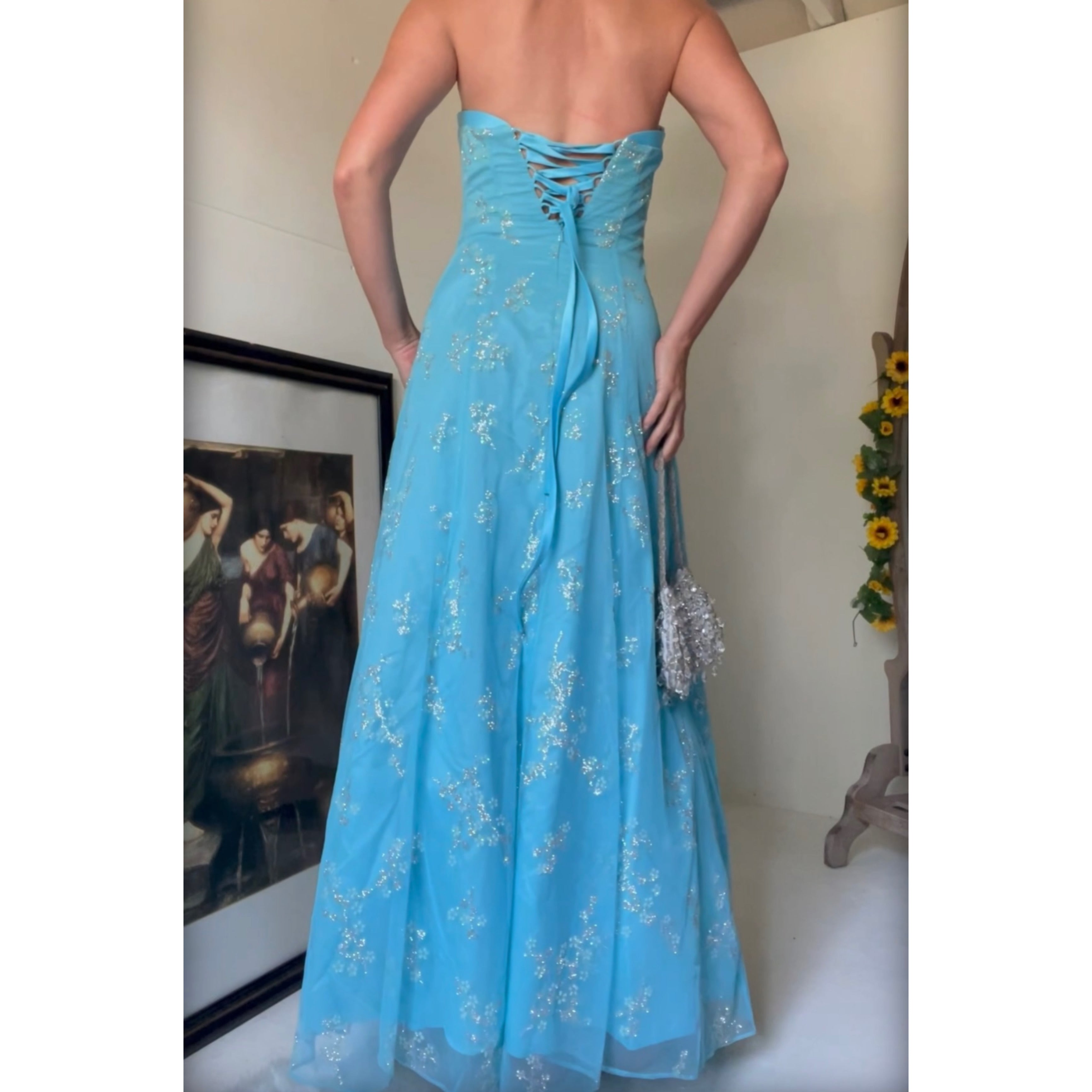 turquoise strapless dress Turquoise Glitter Floral Strapless Gown
