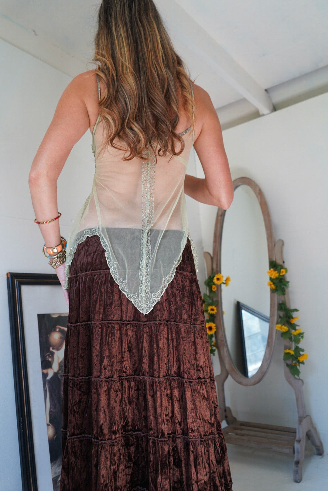 sage, green mesh beaded fairy top