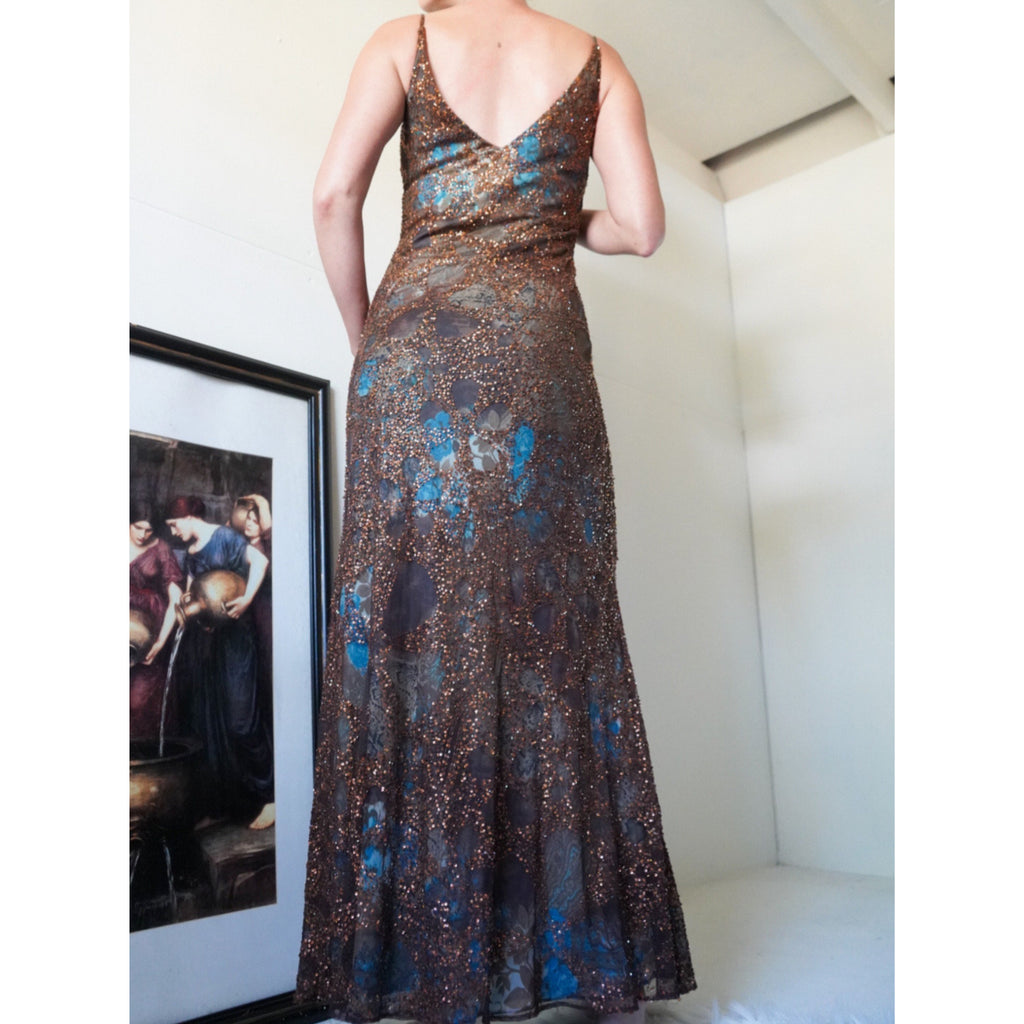 Rare Fully Beaded Lace Brown and Teal Layered Gown
