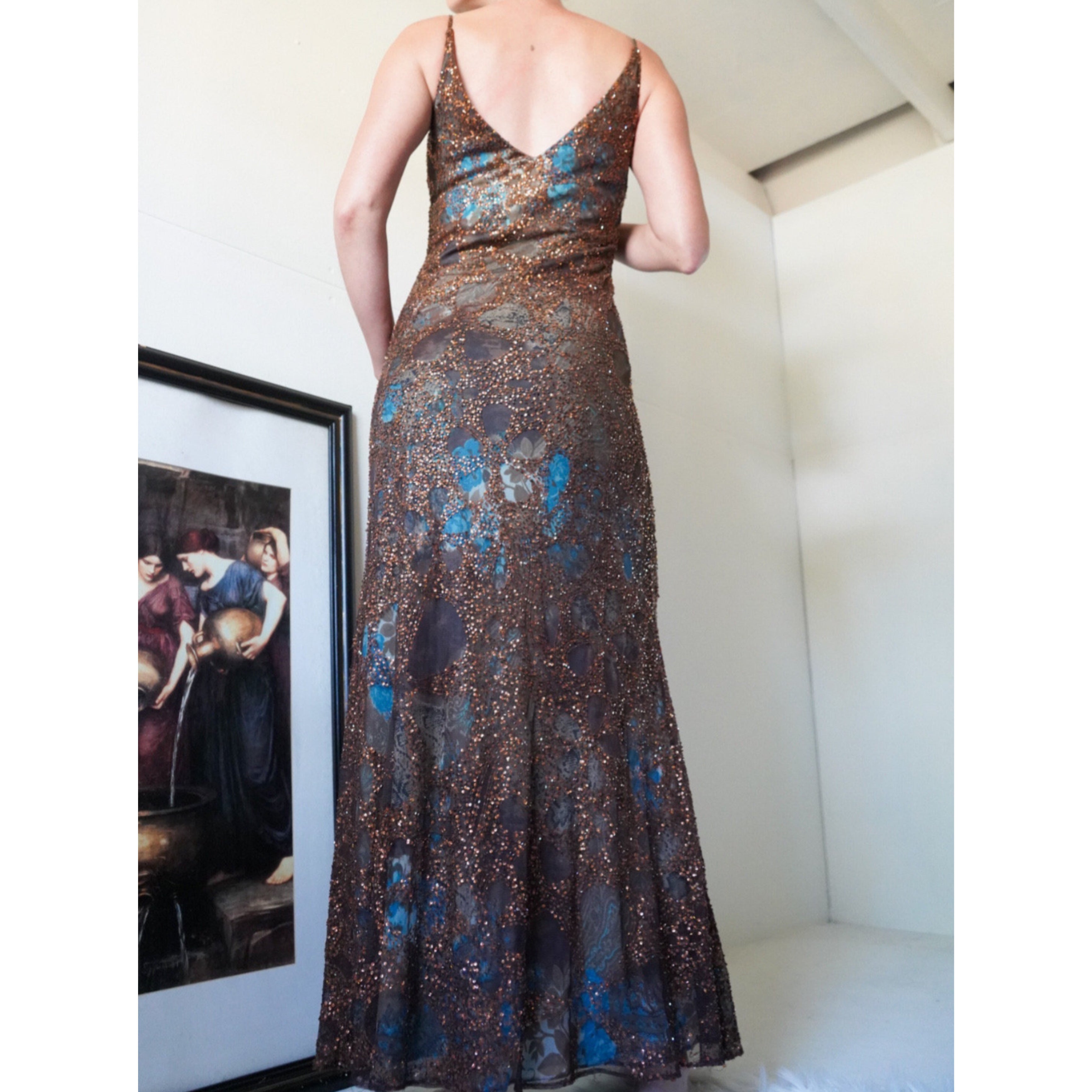 Rare Fully Beaded Lace Brown and Teal Layered Gown