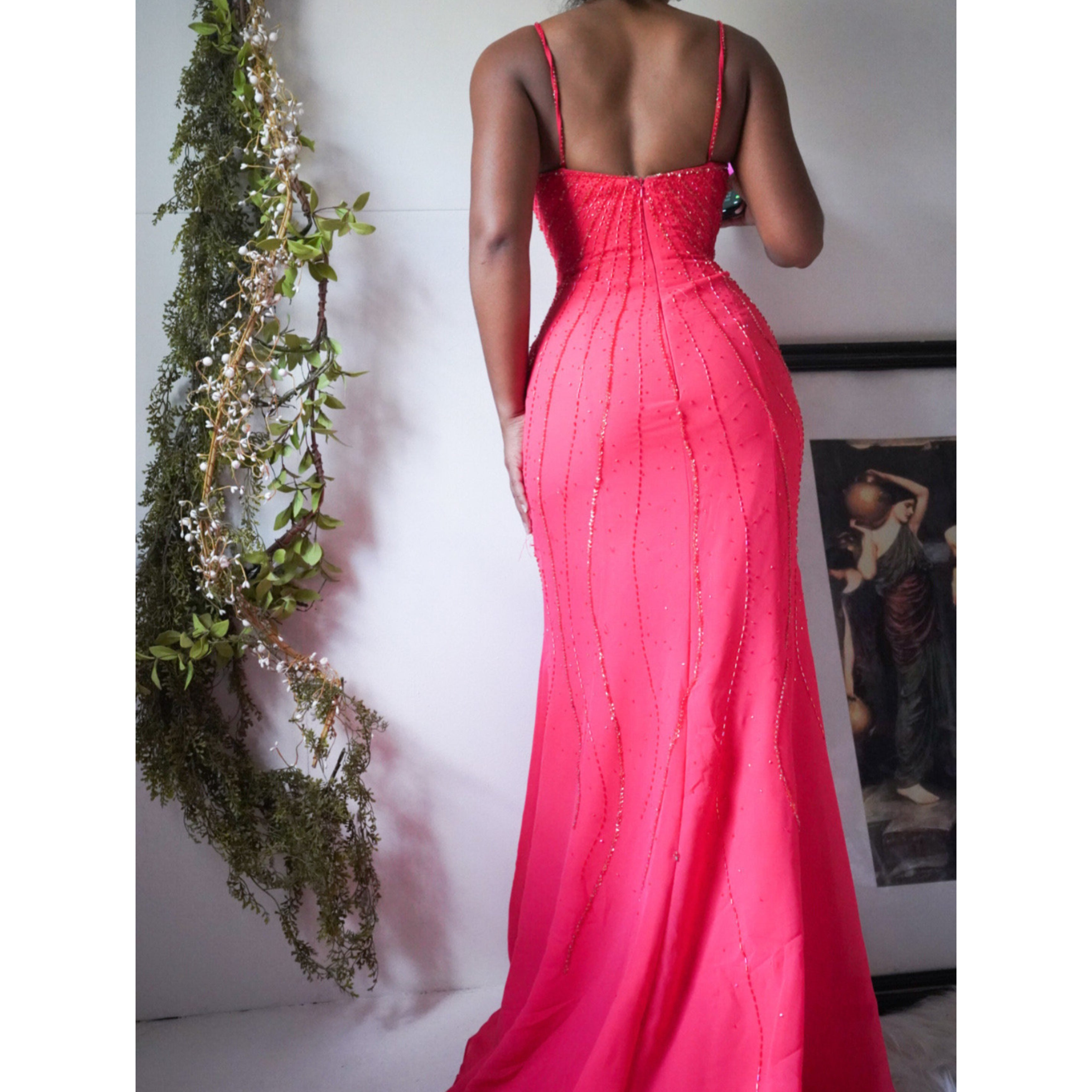 Bright Coral Beaded Silk Gown