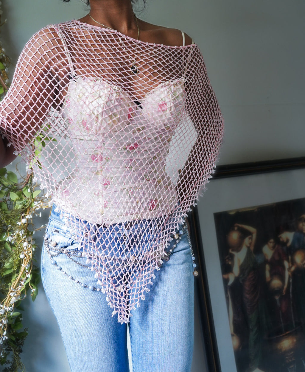 rare-fully-beaded-baby-pink-crochet-poncho-image