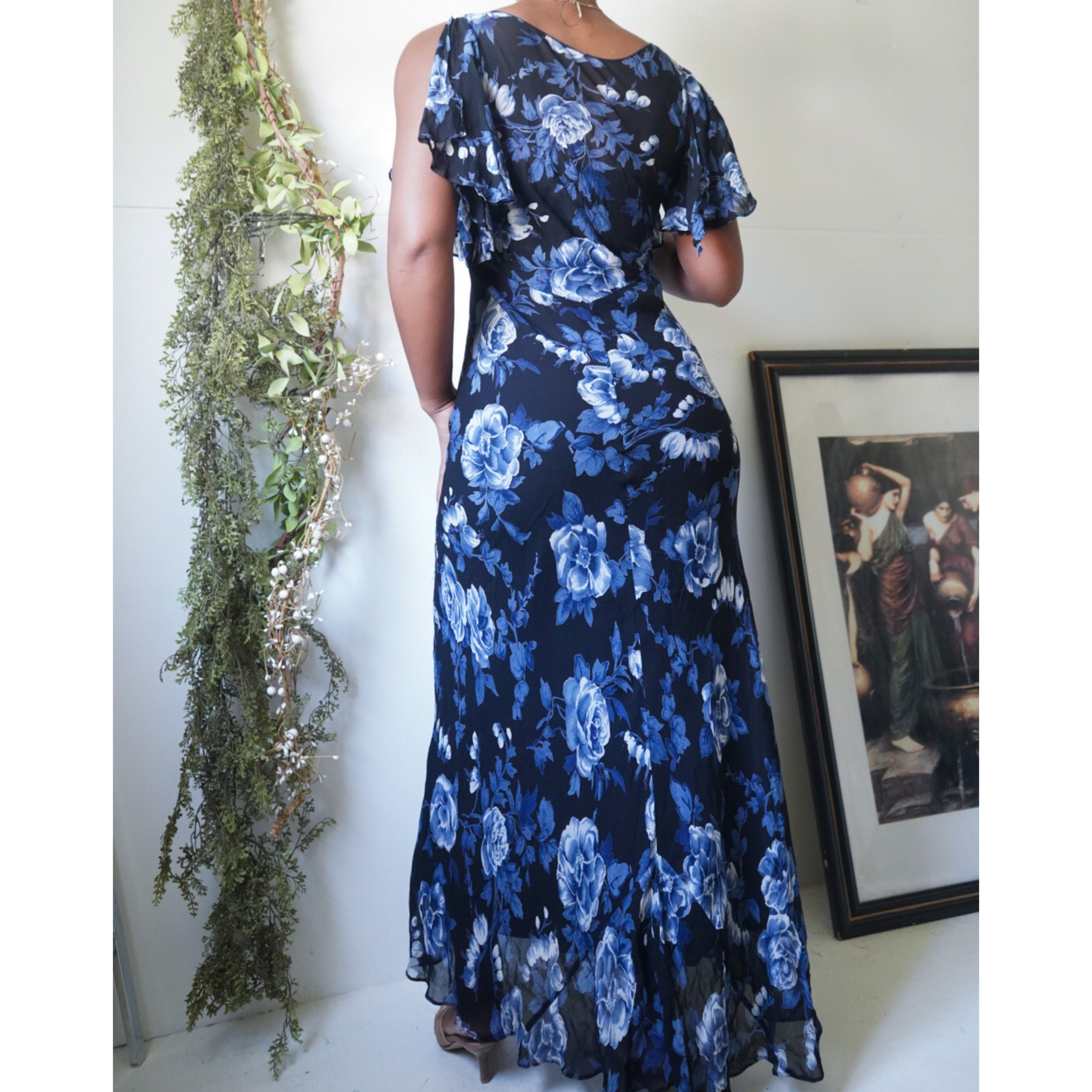 Romantic Blue Rose Sequin Beaded Maxi Dress