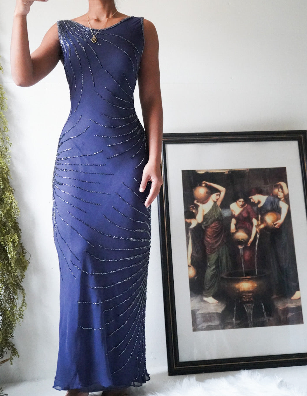 90s Navy Silk Beaded Gown