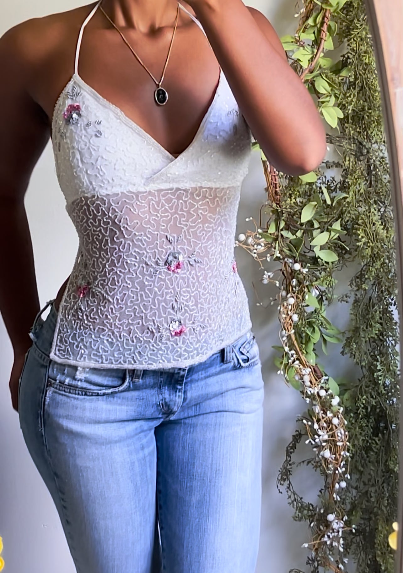 White Beaded Floral Tie Back Halter Top