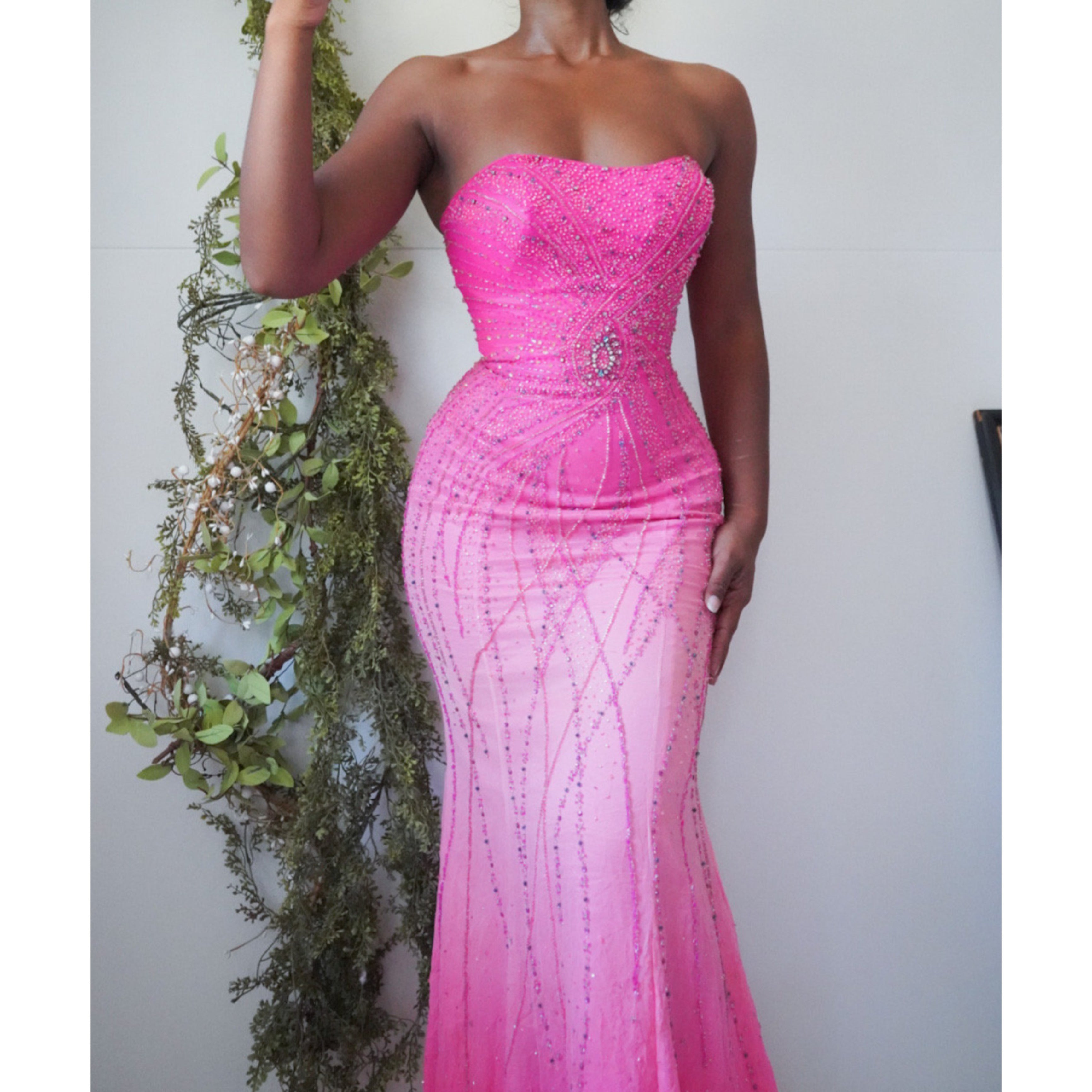 Pink Ombre Strapless Beaded Silk Gown