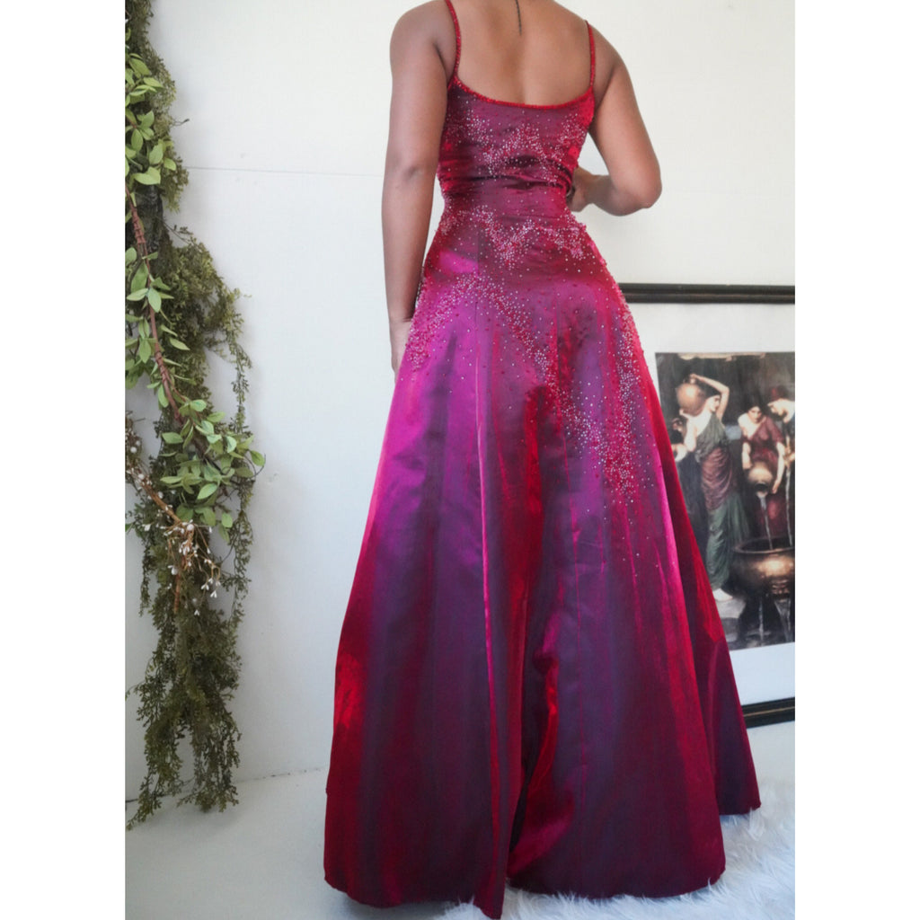 Y2K Sue Wong Beaded Iridescent Crimson Gown