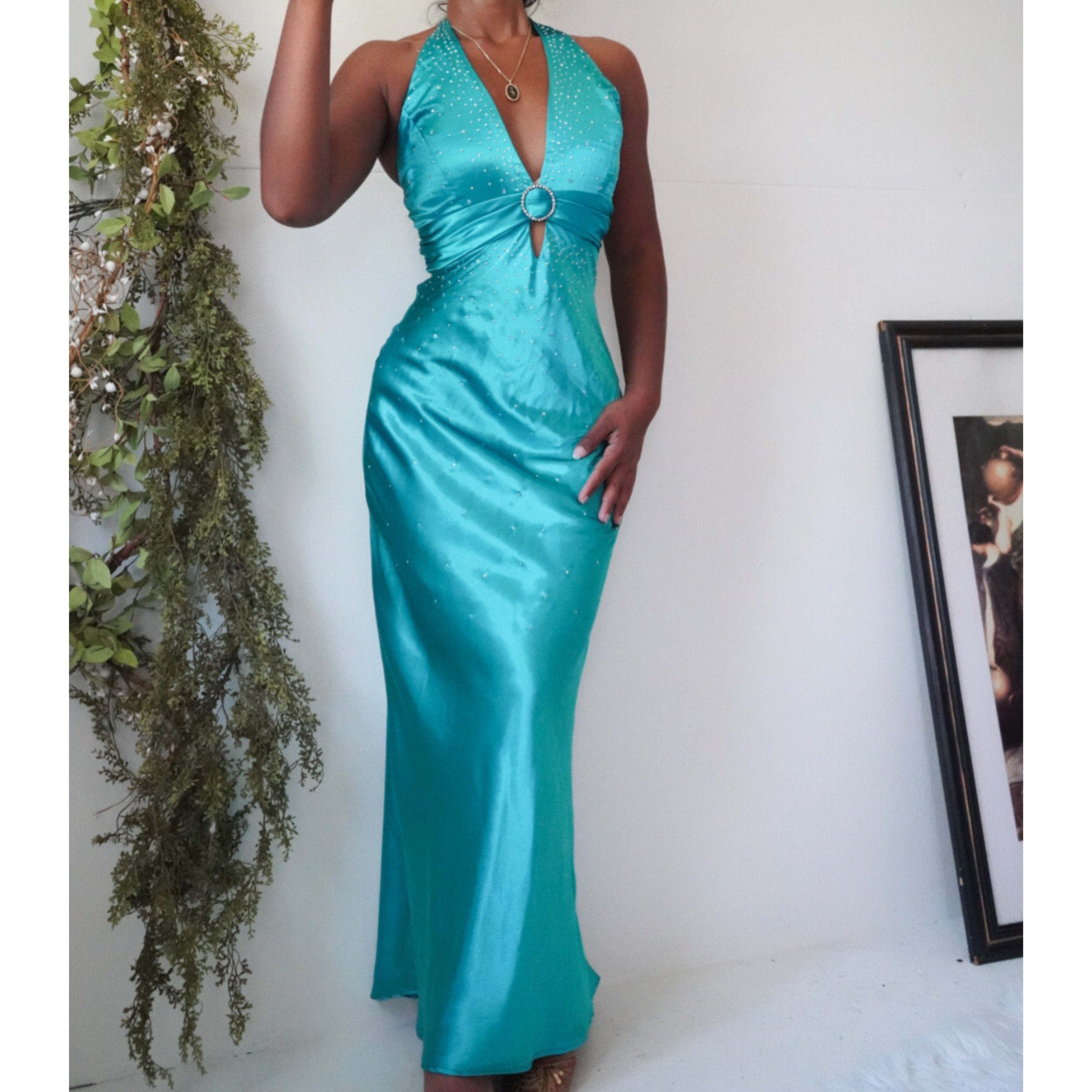 Rhinestone Turquoise Satin Halter Formal Dress