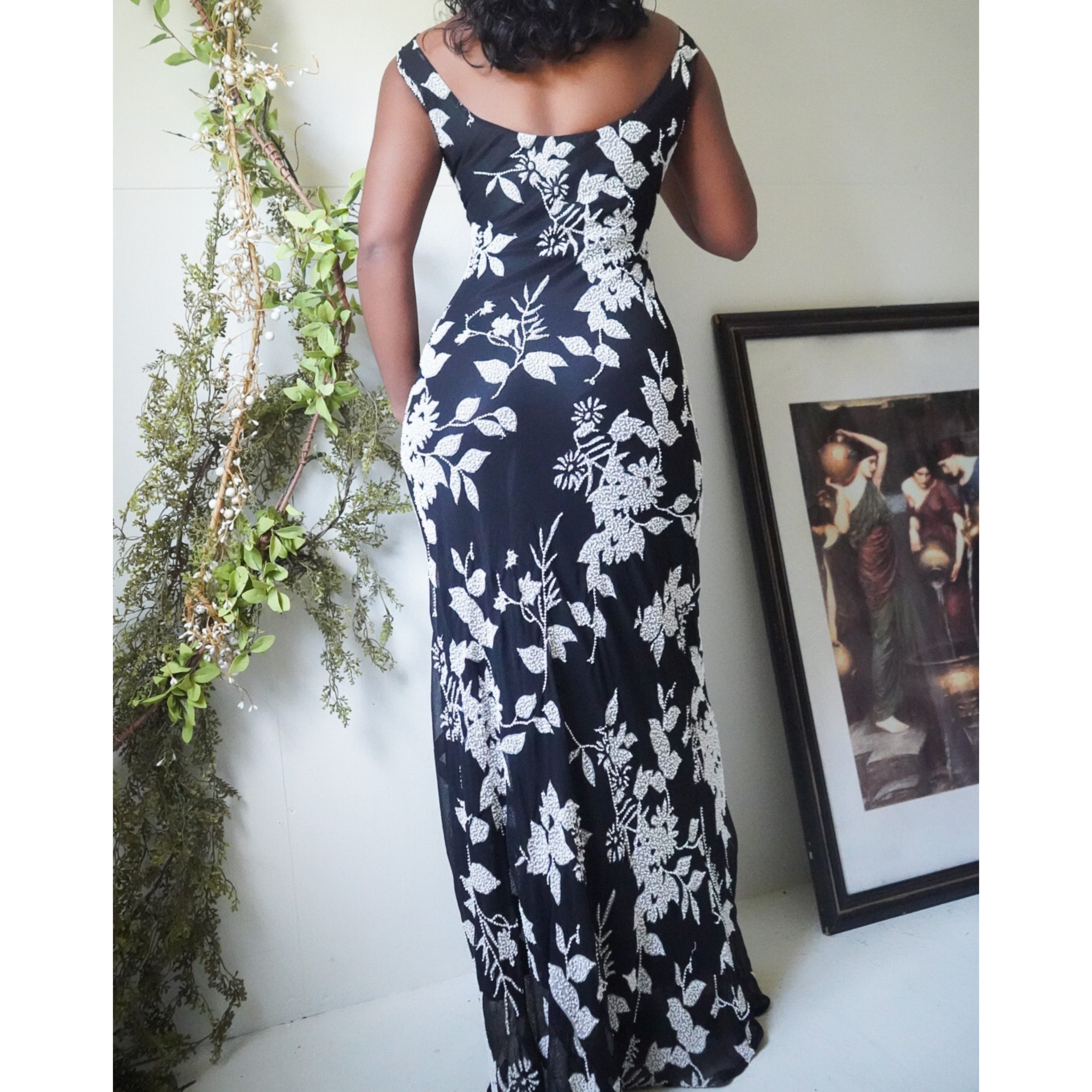 Monochrome Floral Beaded Gown