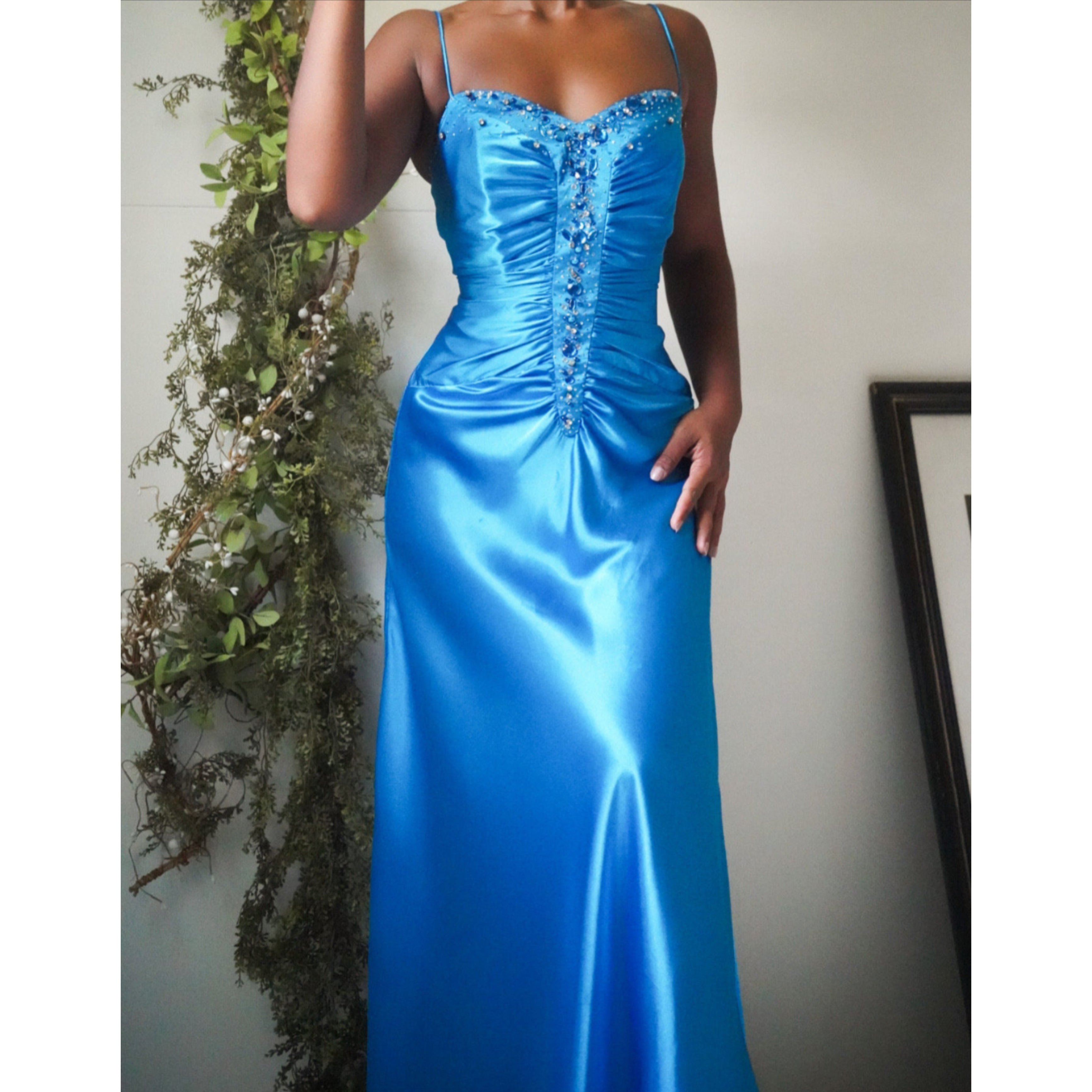 Blue Satin Ruched Jewel Gown