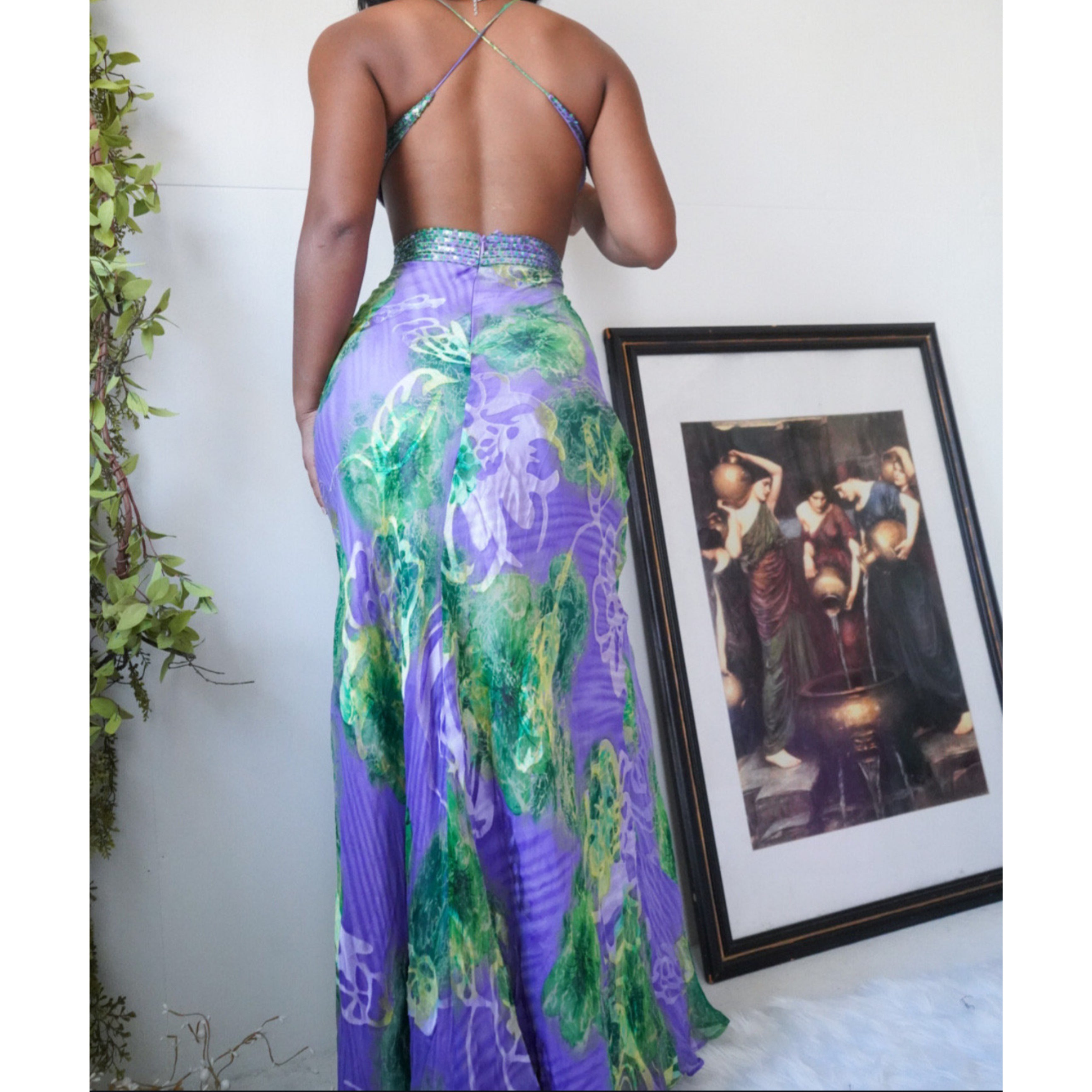 Burnout Purple and Green Floral Milkmaid Bust Fairy Gown