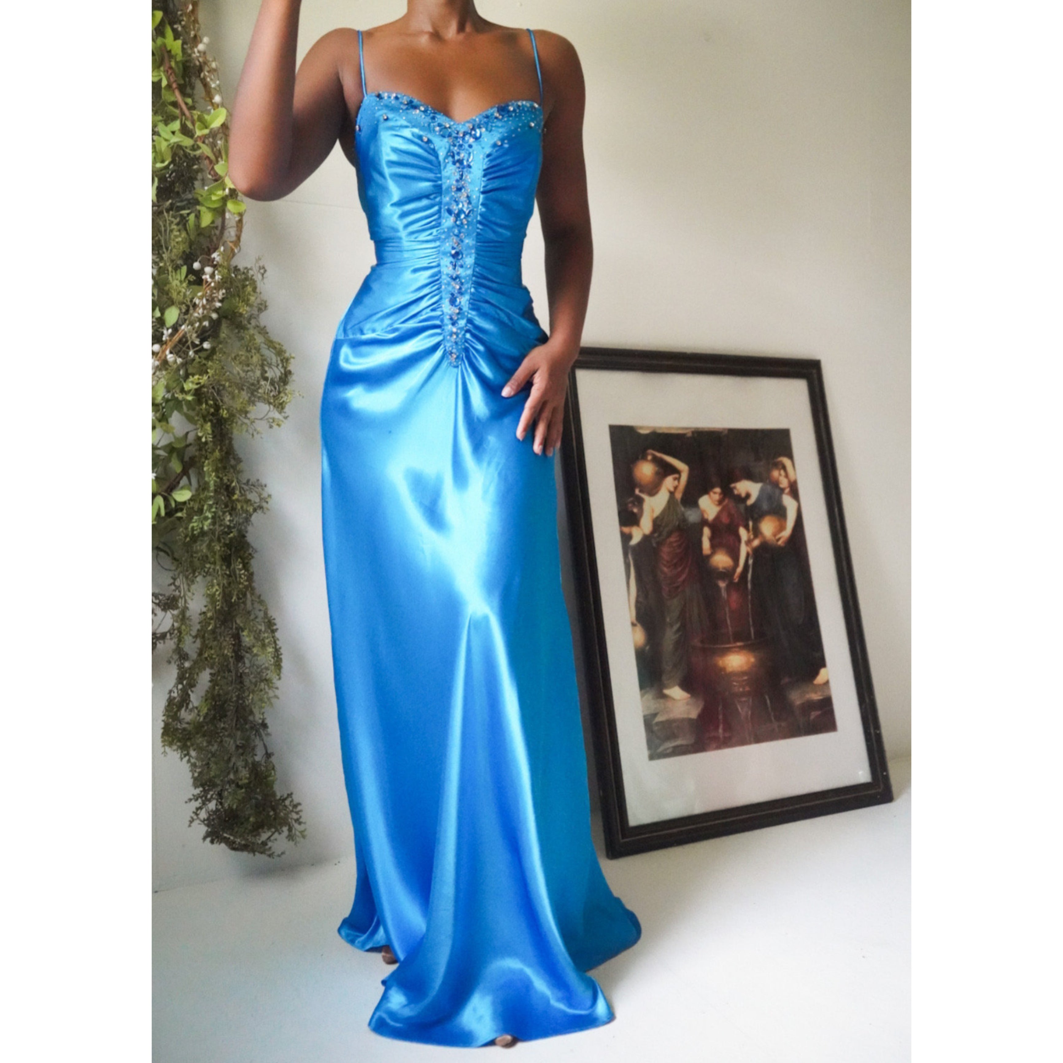 Blue Satin Ruched Jewel Gown