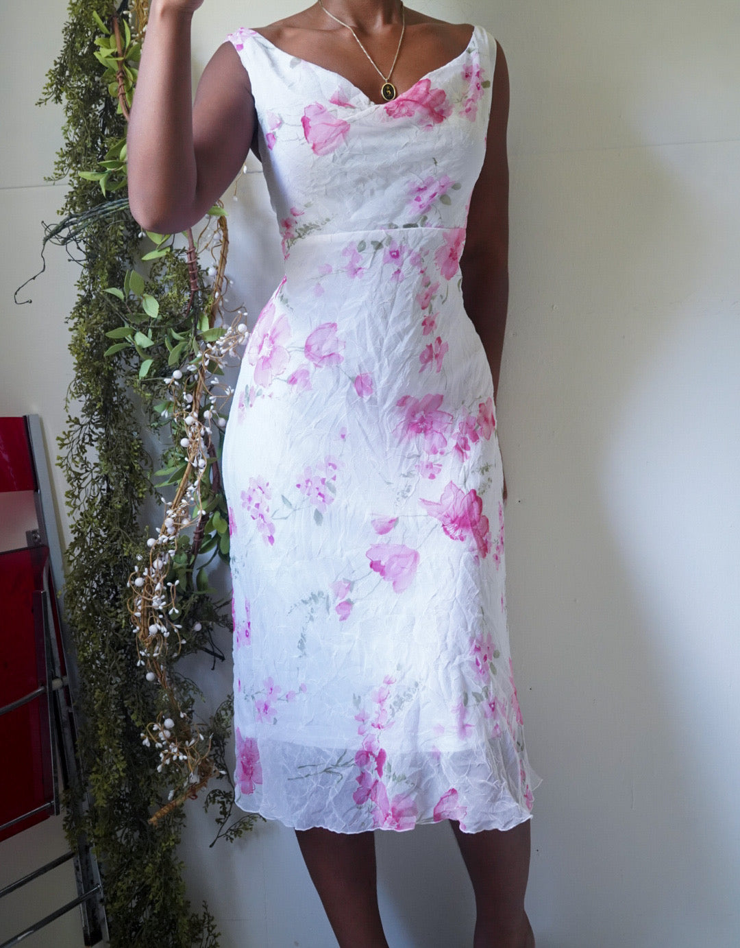 Pink and White Floral Crinkle Dress