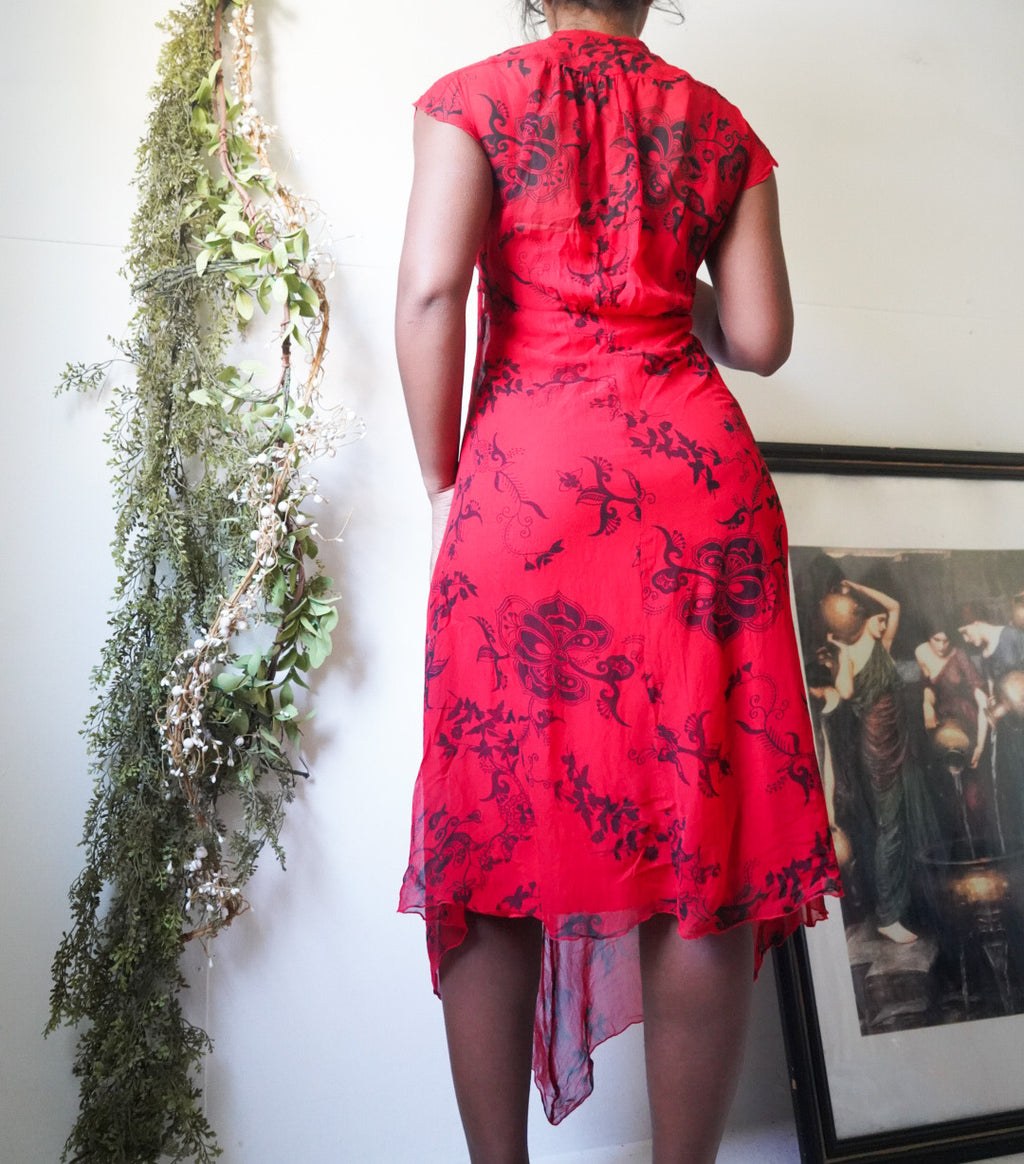 Red and Black Paisley Bias Silk Dress