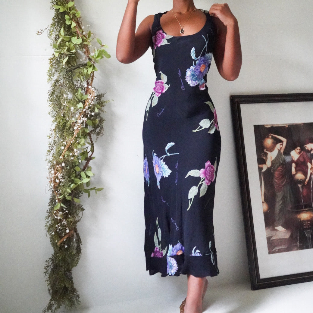 90s Black Floral Tie Back Staple Dress