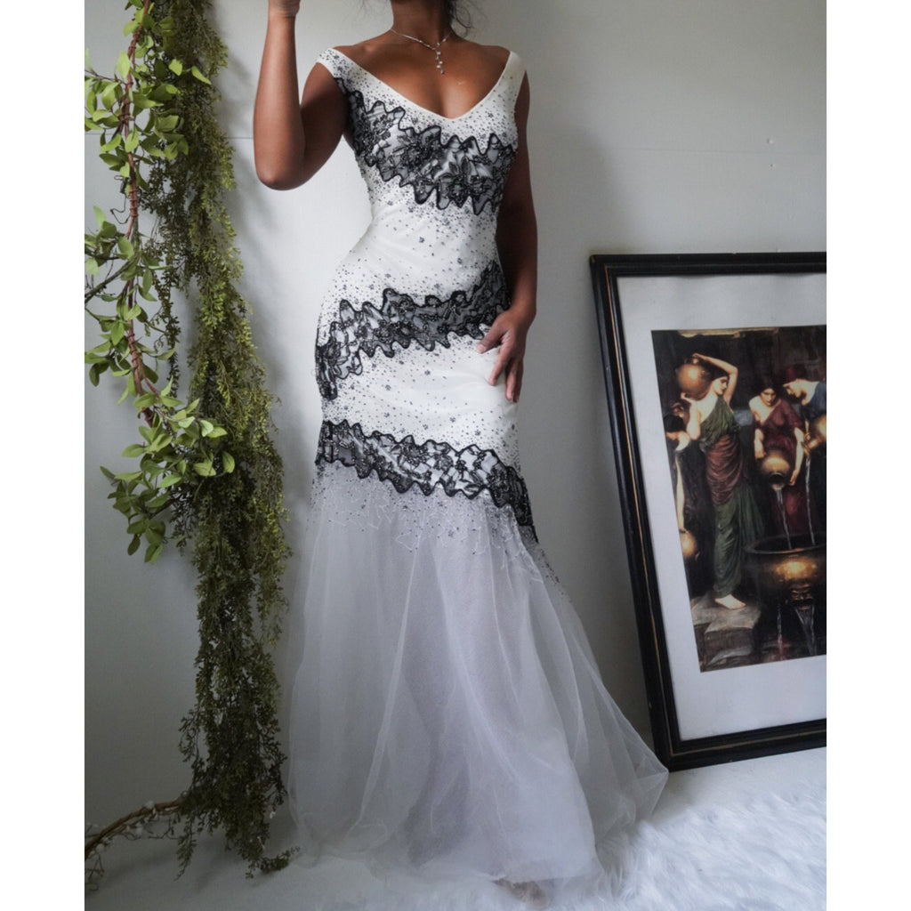 Y2K Beaded Monochrome Tulle Hem Gown