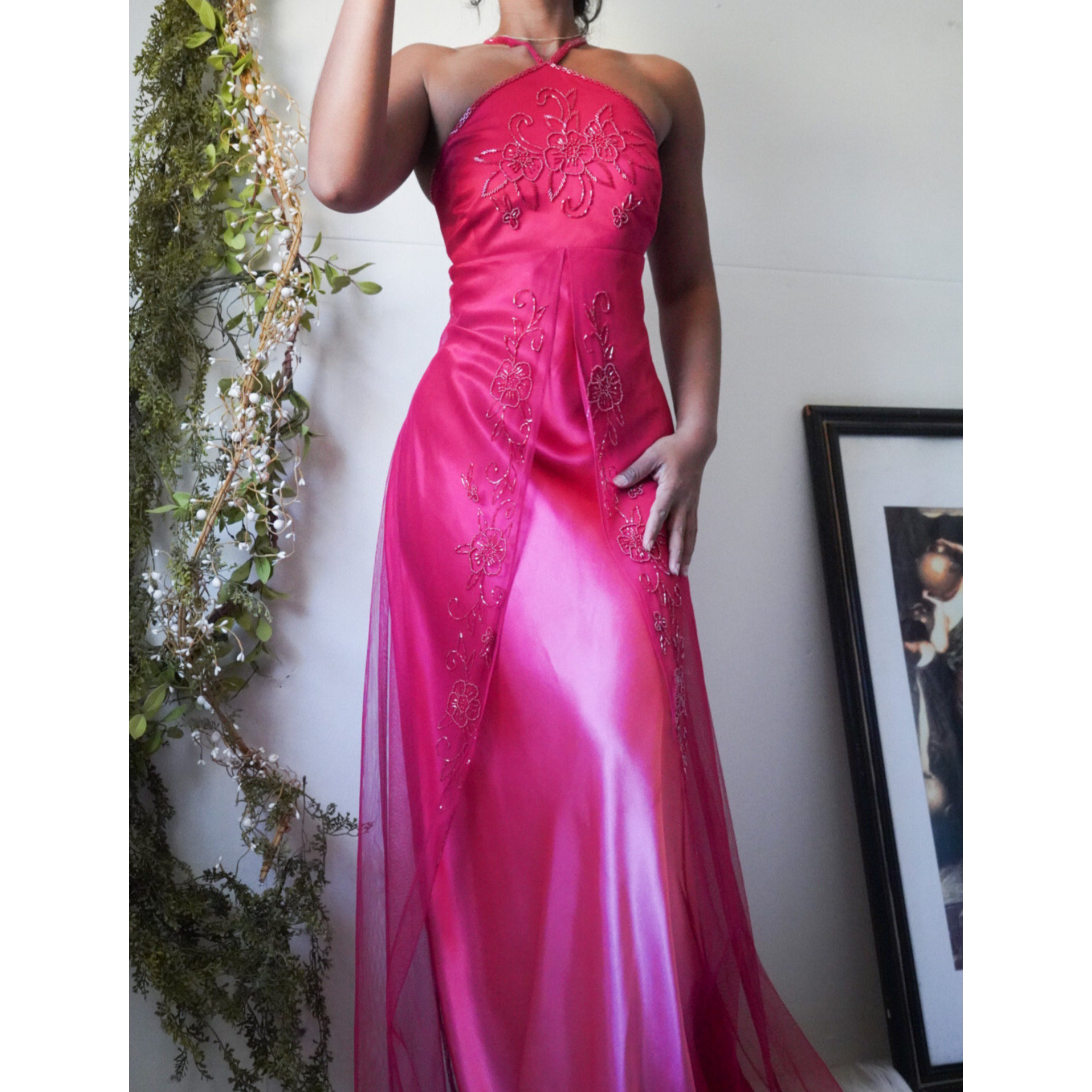 90’s Red Ombre Beaded Tulle Layered Gown