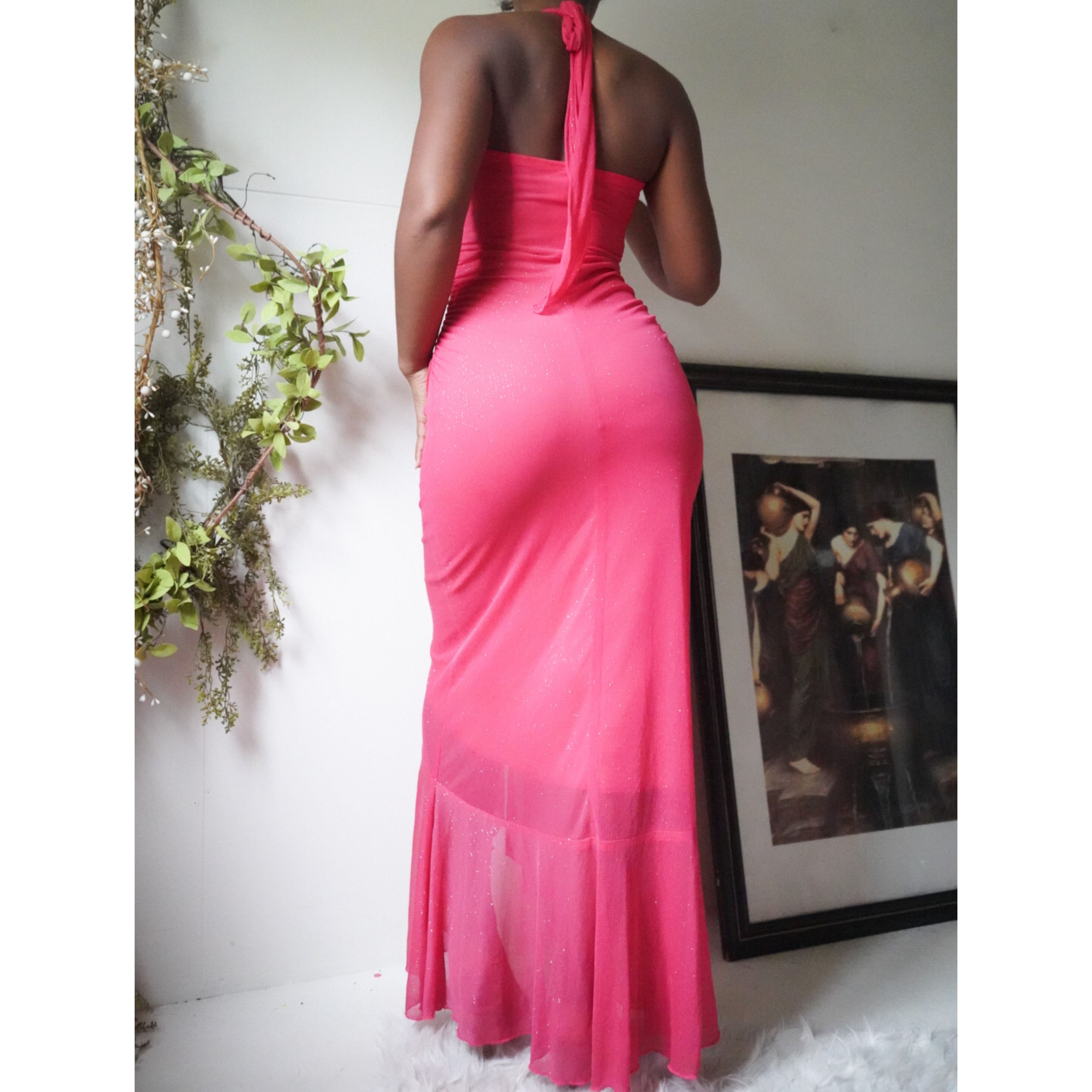 Coral Pink Glitter Halter Dress