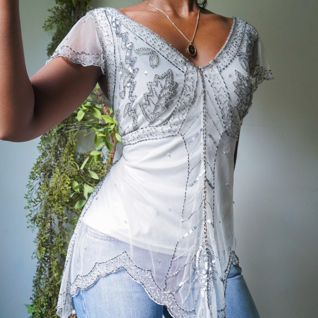 Y2K Ivory Beaded Fairy Top