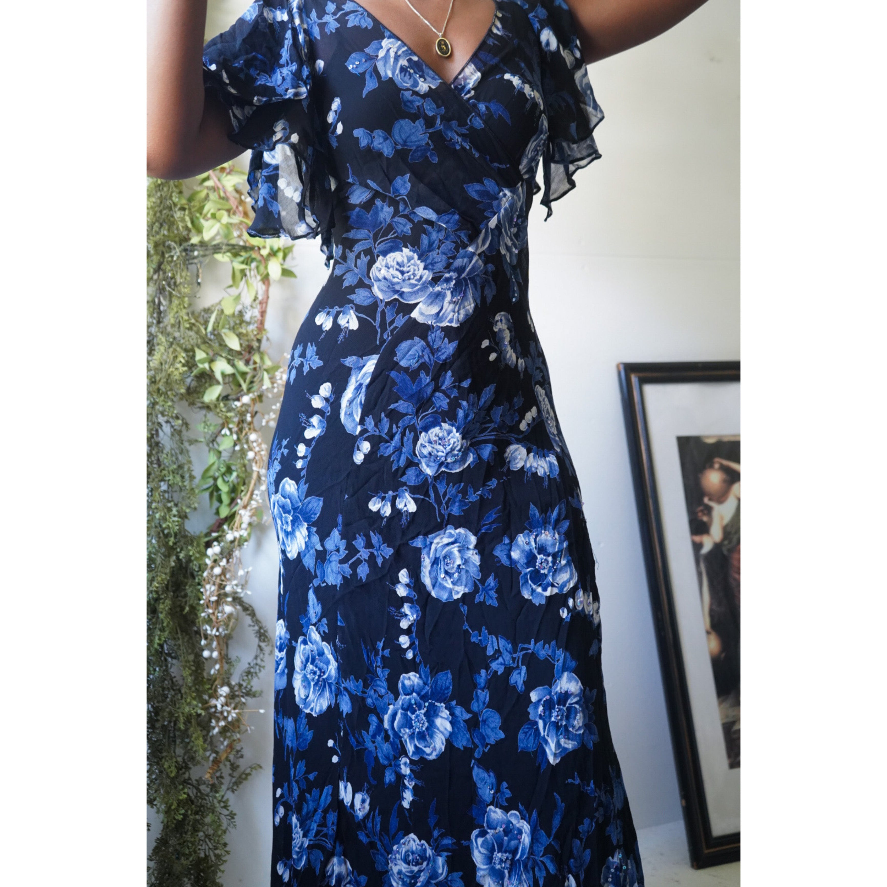 Romantic Blue Rose Sequin Beaded Maxi Dress