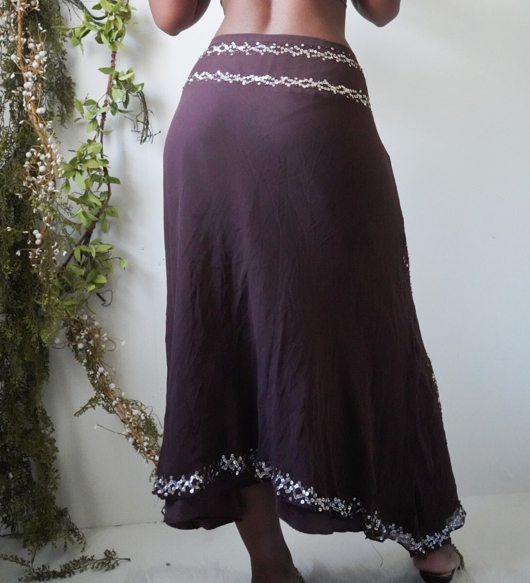 Boho Silk Sequin Midi Skirt