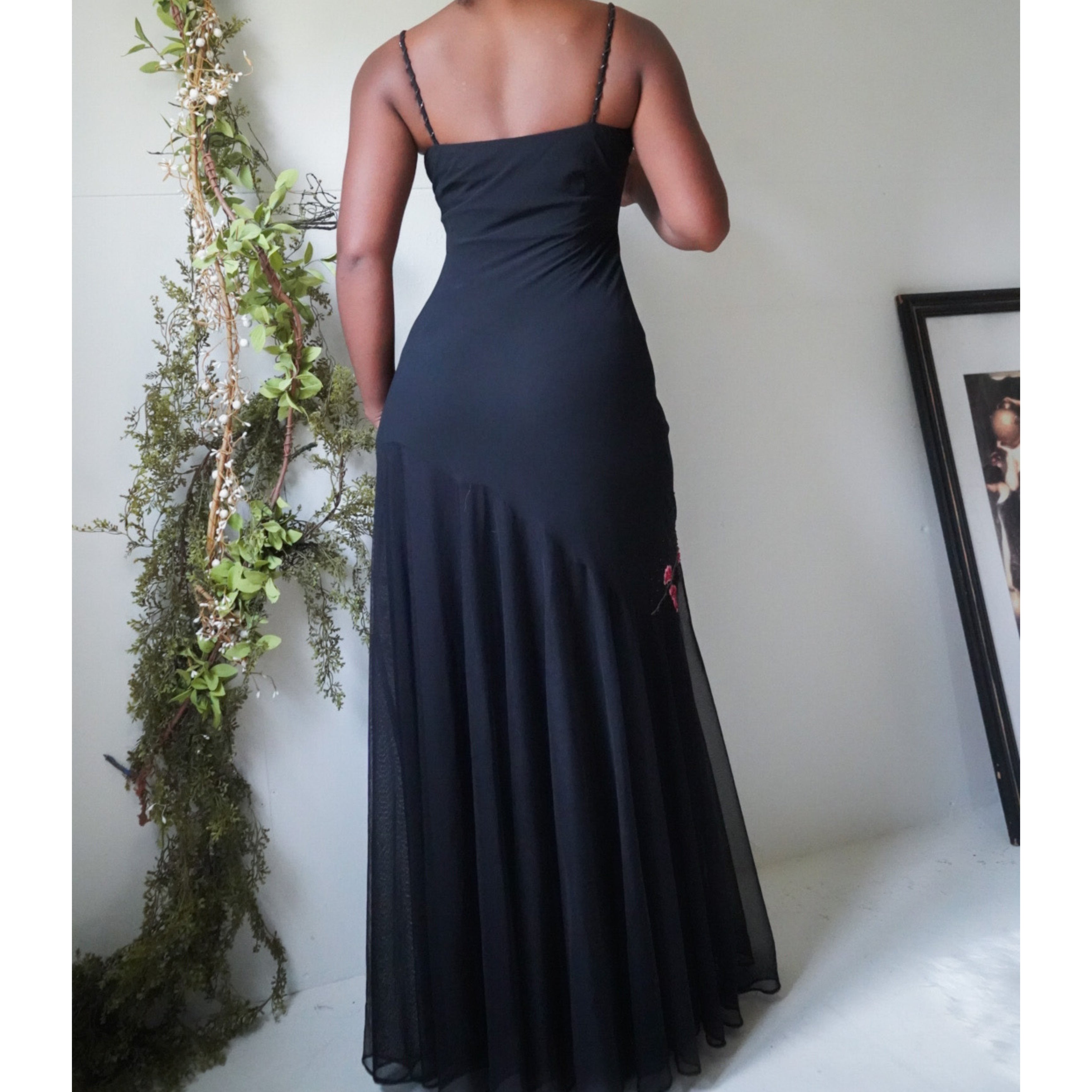 Embroidered Floral Detail Tulle Hem Gown