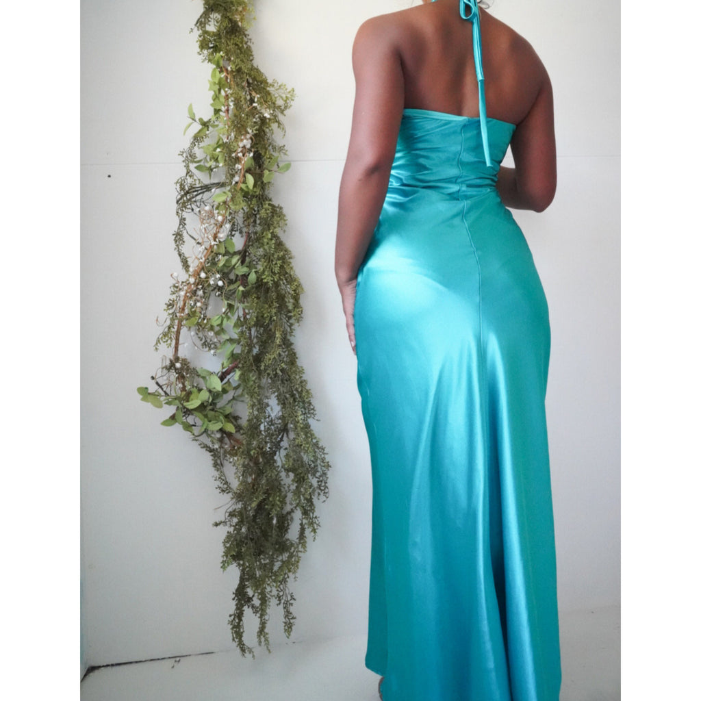 Rhinestone Turquoise Satin Halter Formal Dress