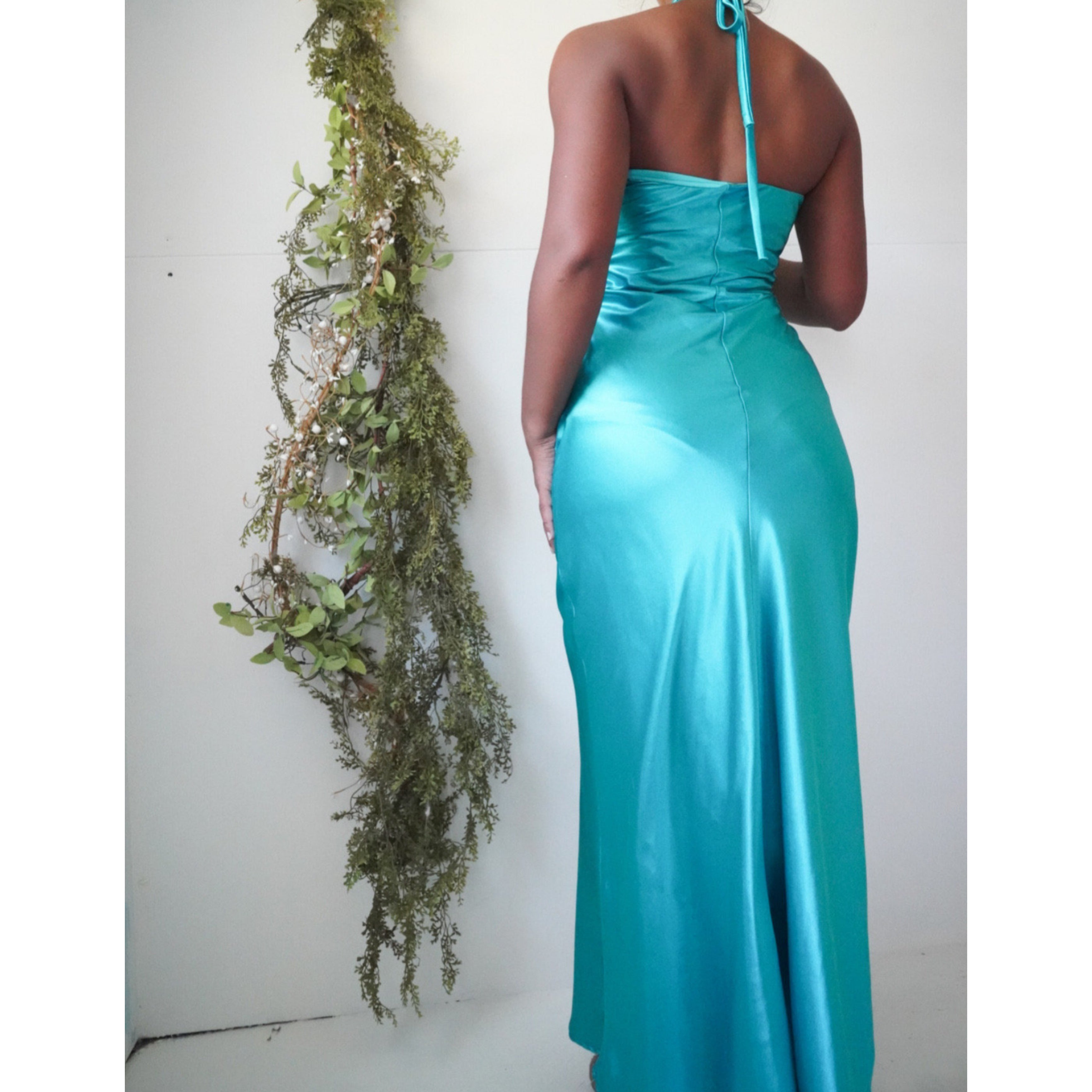 Rhinestone Turquoise Satin Halter Formal Dress