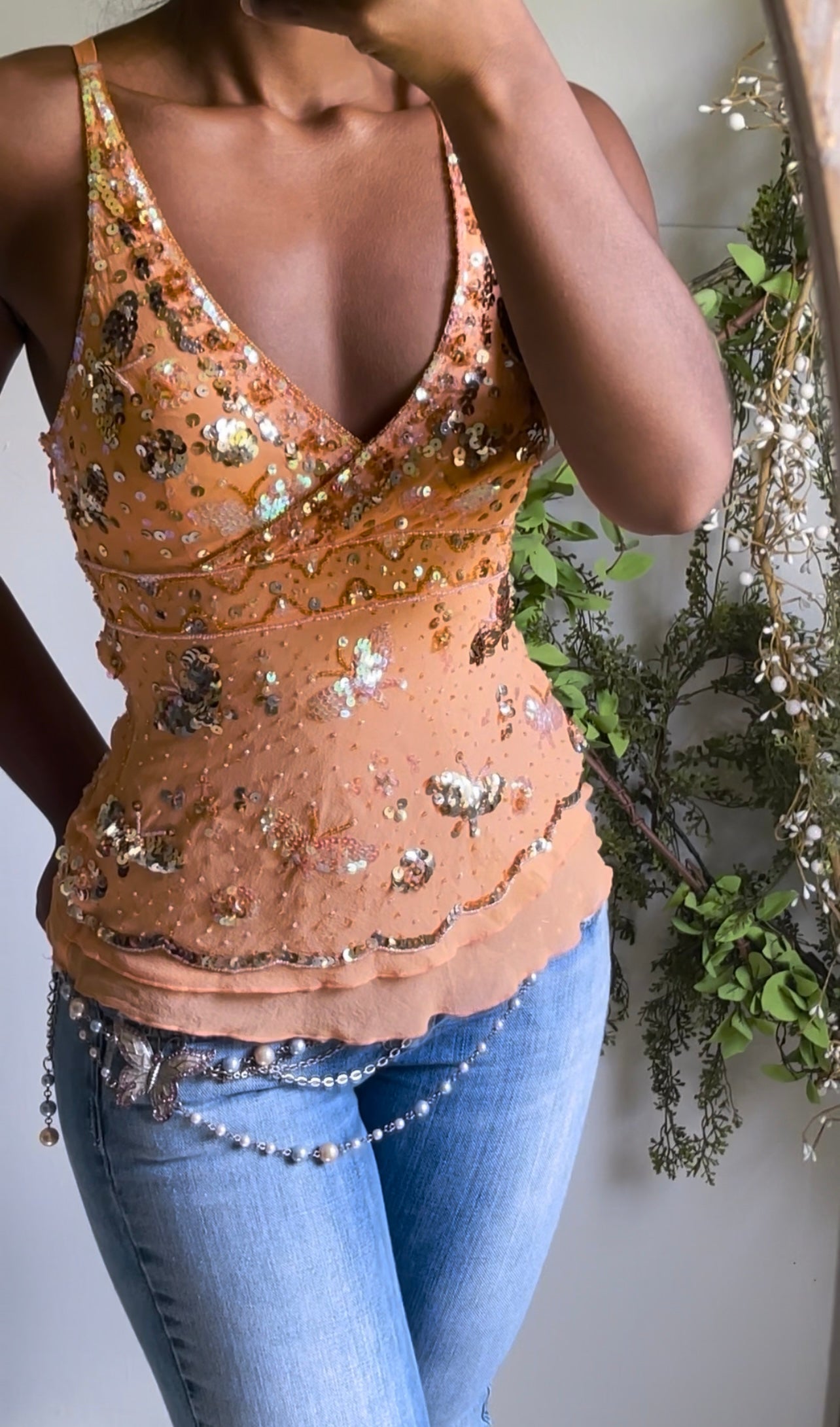Y2K Silk Beaded Butterfly Sequin Cami