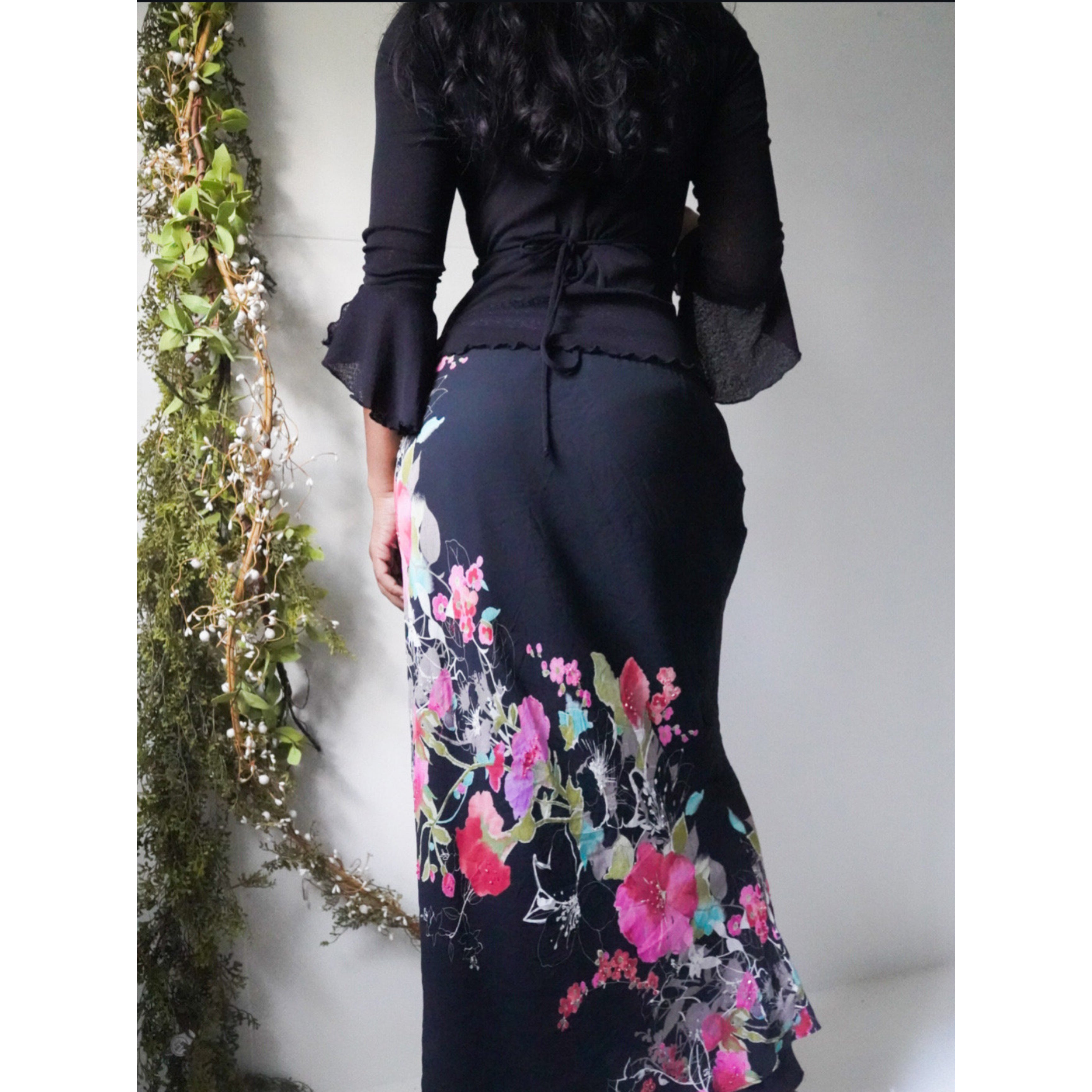 Beaded Detail Vintage Y2K Silk Floral Maxi Skirt