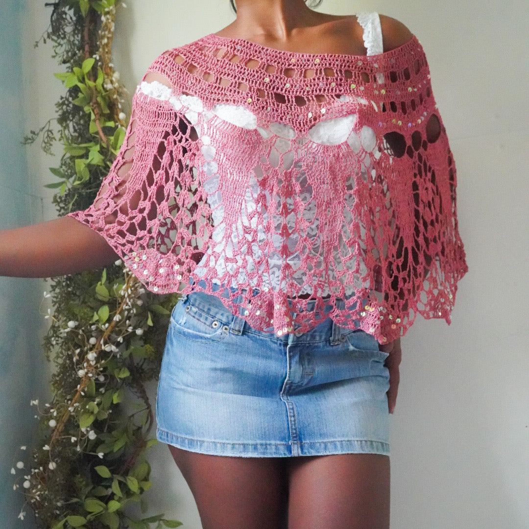 Rare Pink Crochet Knit Sequin Poncho