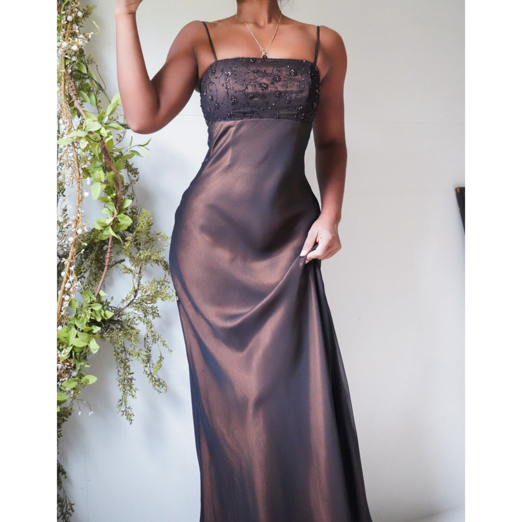Cache Bronze Satin Layered Gown