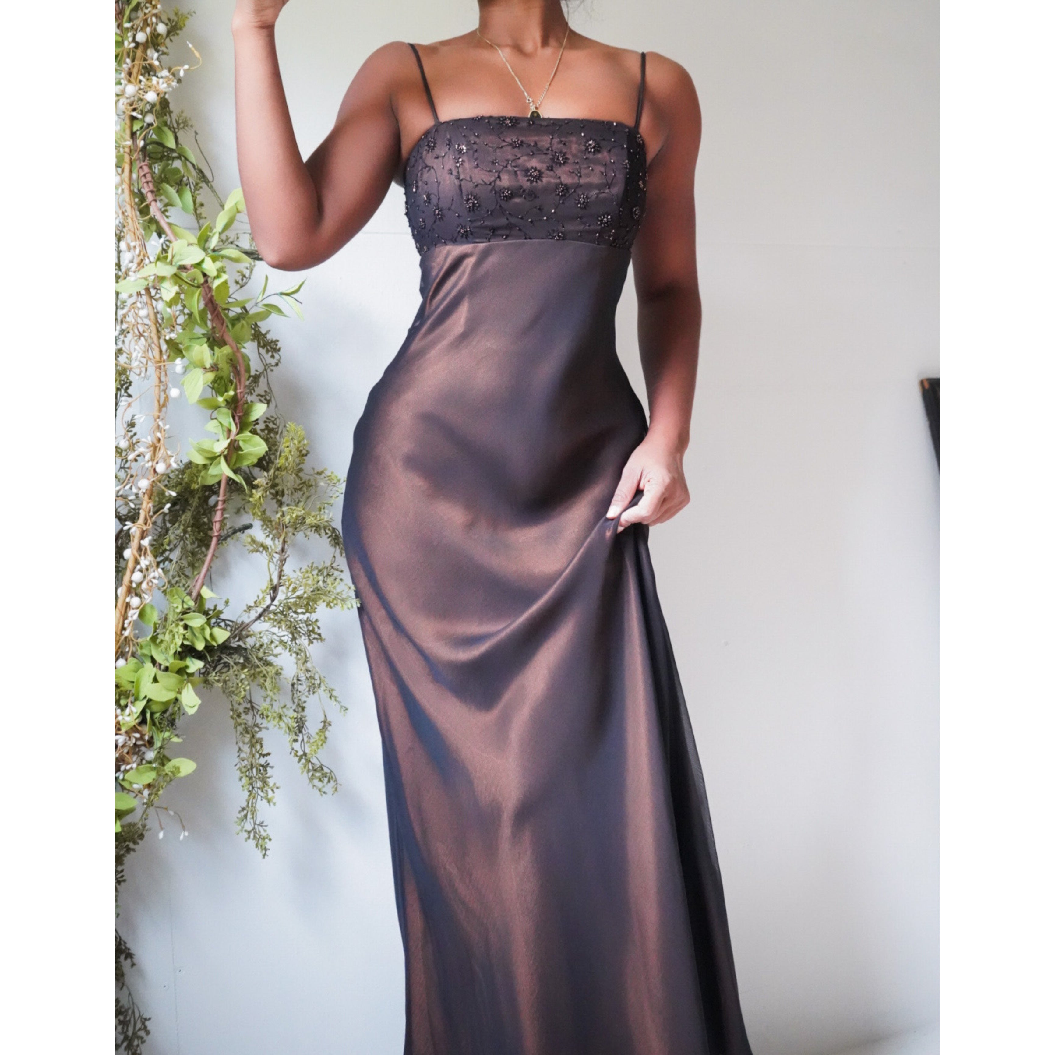 Cache Bronze Satin Layered Gown