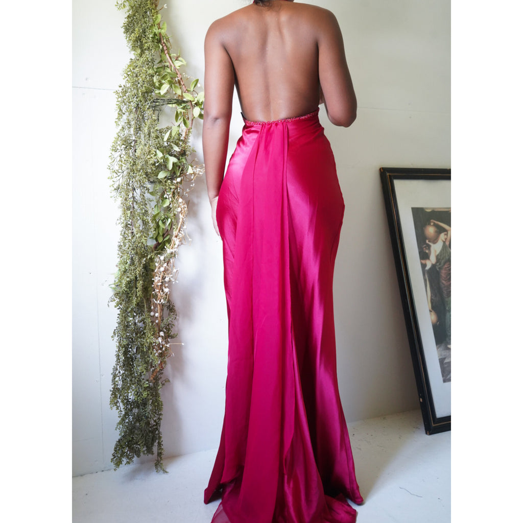Red Satin Halter Backless Gown